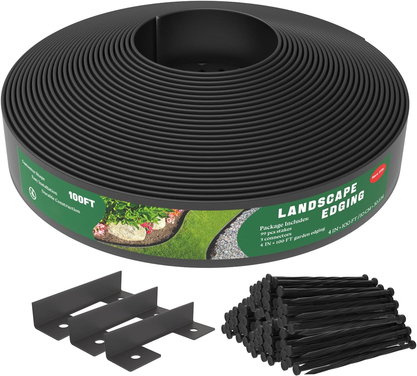 Mars Villa Landscape Edging Border 100FT No Dig Garden Edging Kit Flexible Landscape Edging 4 inch Tall Edging Border with 99 Spikes Cover 75㎡ for Lawns, Flower Yard (Black)