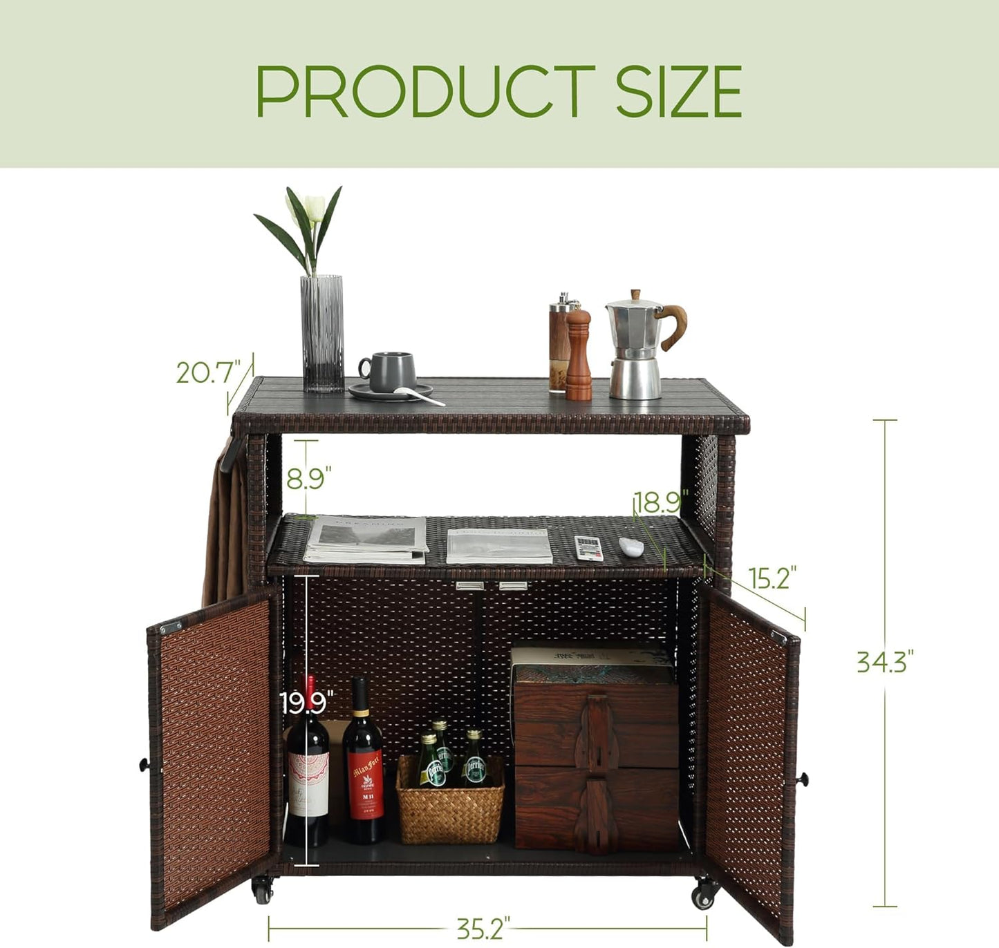 Wicker Outdoor Bar Cart - Brown Patio Console Storage Table Buffet Cabinet Serving Kitchen Cart with Wheels for Outside Backyard