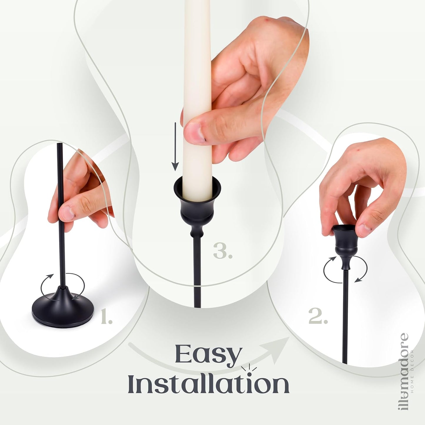 Black Candlestick Holders | Set of 3 | Metal with Matte Finish | 3 Different Sizes | Taper Candles Included | Decorative Centerpiece for Wedding, Christmas, Fireplace Mantel, Dining Table