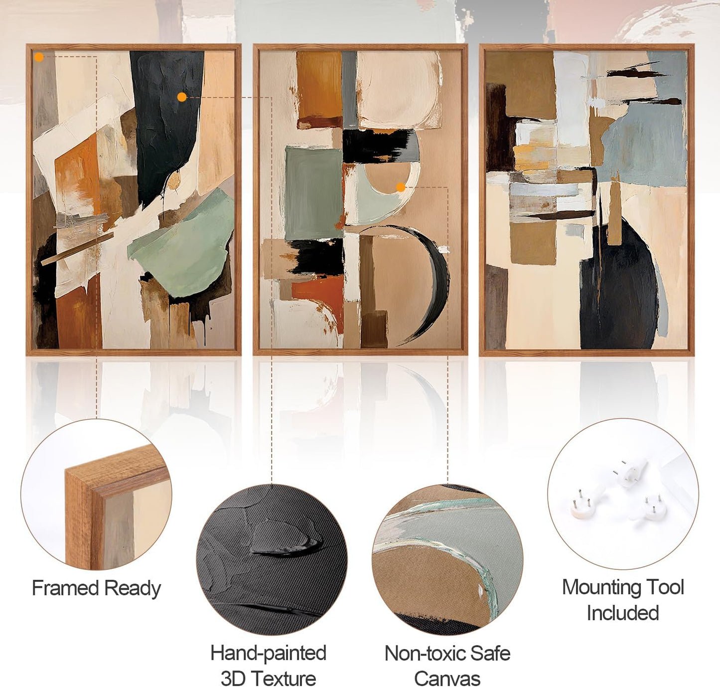 Aurlan Neutral Japandi Wabi Sabi Hand Painted Wall Art(16"x24"), 3PCS Abstract Modern Minimalist 3D Textured Canvas Artwork, Large Contemporary Terracotta Brush Strokes Decor Prints for Office Bedroom