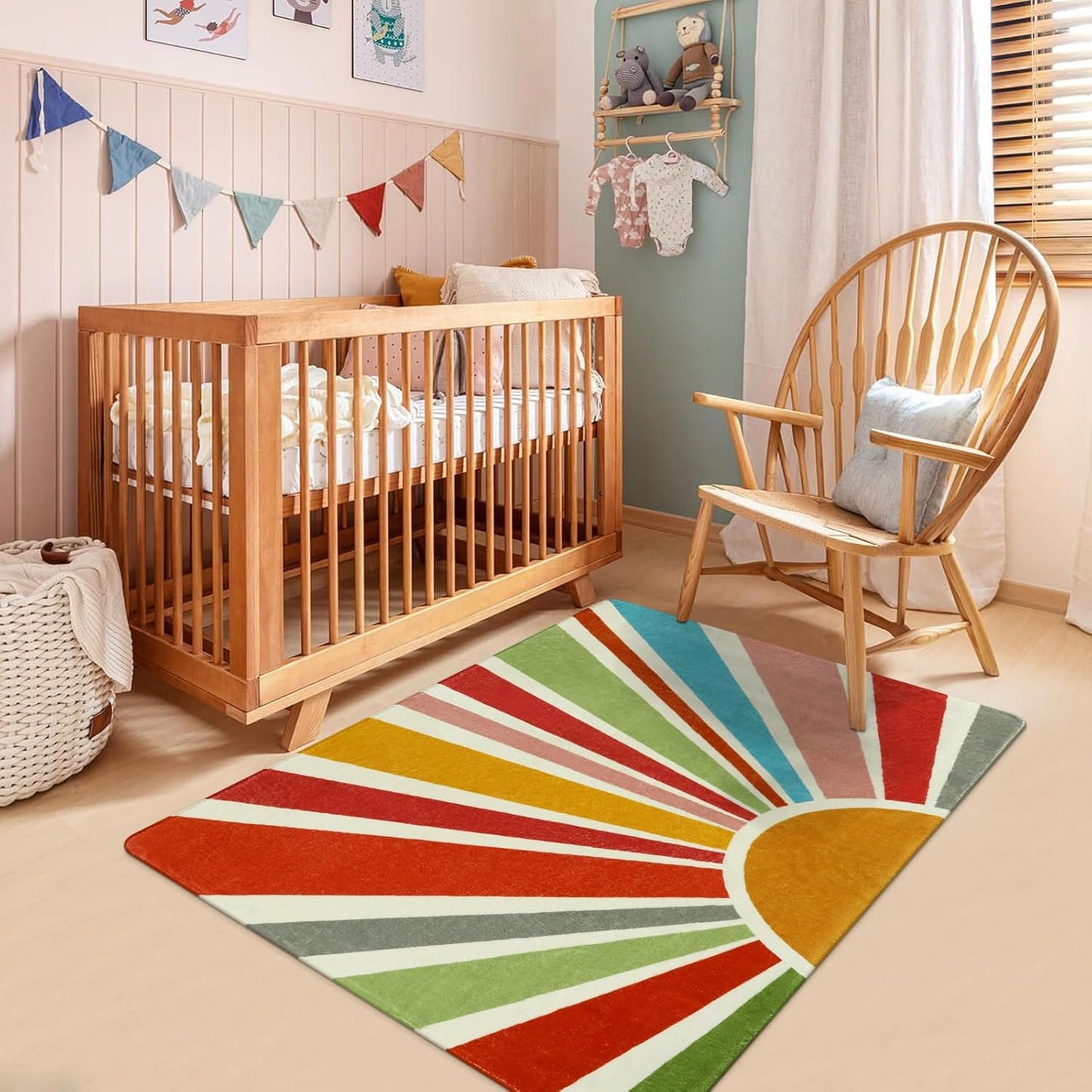STARUIA Boho Washable Rug 3'x5' Kids Area Rug for Playroom, Colorful Kids Rugs for Bedroom, Non-Slip Throw Sun Carpet Soft Small Sunshine Rugs for Office Nursery Entryway Dorm