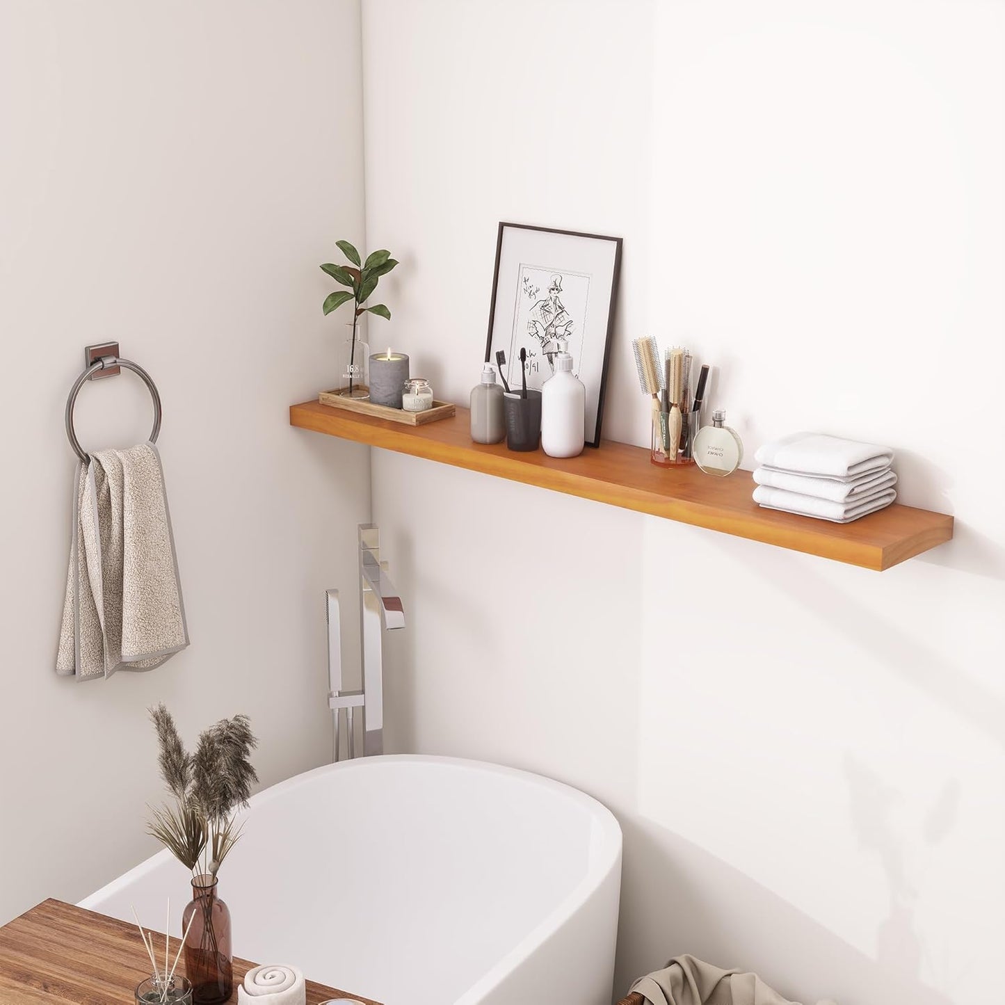 Light Brown Wooden Floating Wall Shelves 48 Inches Long x 8”x 1.4” Shelf Floating Rustic Farmhouse Decor, Heavy Duty Shelf Hold 100 lbs, Wall Shelves for Bathroom Living Room Kitchen Bedroom Office