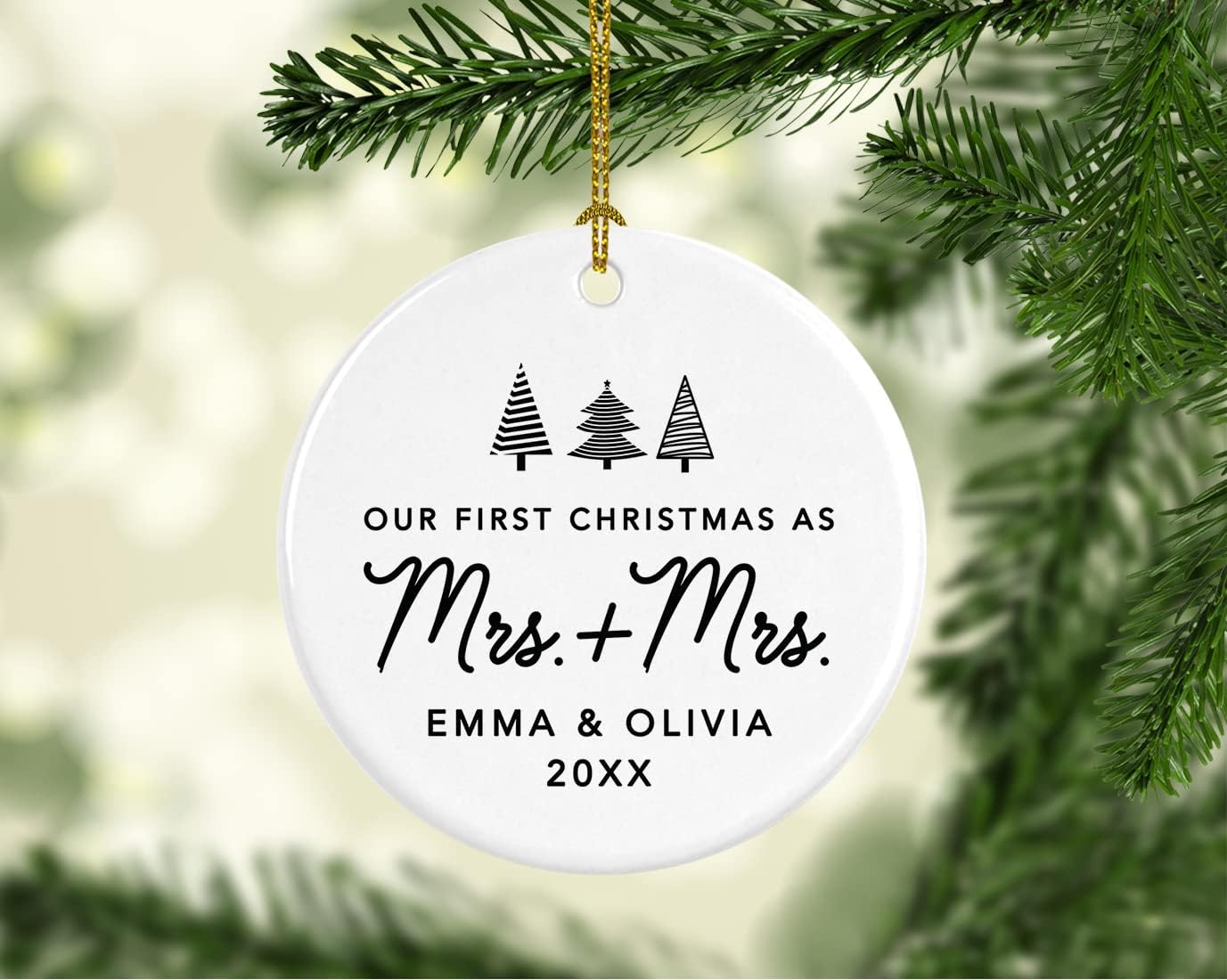 Andaz Press Personalized Our First Christmas As Mrs. & Mrs. 2025 Christmas Ornaments Christmas Trees Design 2.8" Round Porcelain Ceramic Lesbian Married Couple Gay Women Newlyweds Keepsake 1-Pack
