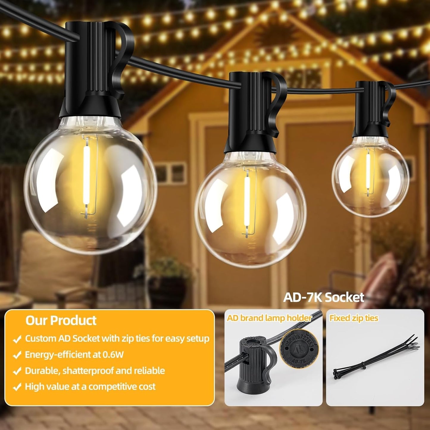 25FT G40 LED Outdoor String Lights with 12+1 Bulbs, E12 Socket, 2700K Warm White, Commercial Grade Weatherproof & Connectable for Garden, Patio, Backyard, Bistro, Porch, Deck, Gazebo, Camping, Party