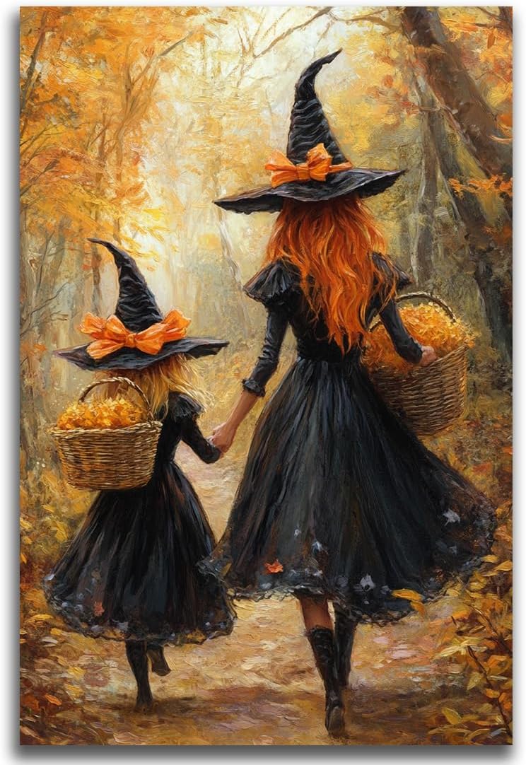 Mother Witch And Child Daughter Witch Wall Art,Halloween Autumn Woodland Forest Path Picture,Family Room Nursery Playroom Kids Room Decor,24"x36" Unframed