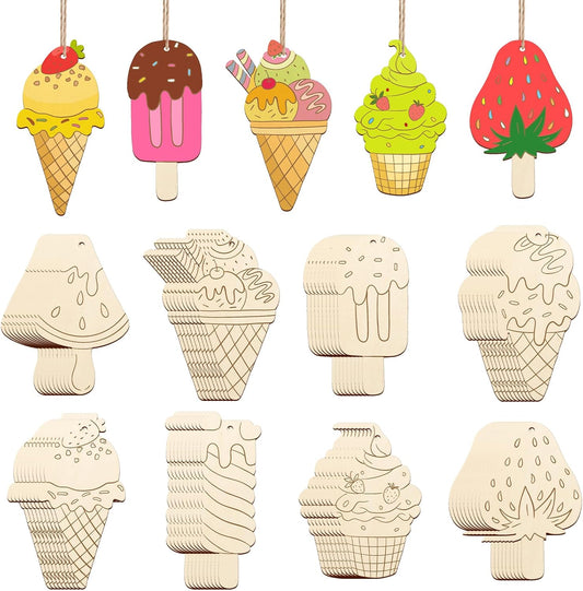 80PCS Wooden Ice Cream Cutouts Ornaments to Paint,Summer Decorations 8 Styles DIY Blank Unfinished Wood Cutouts Ornament for Crafts Hanging Decorations