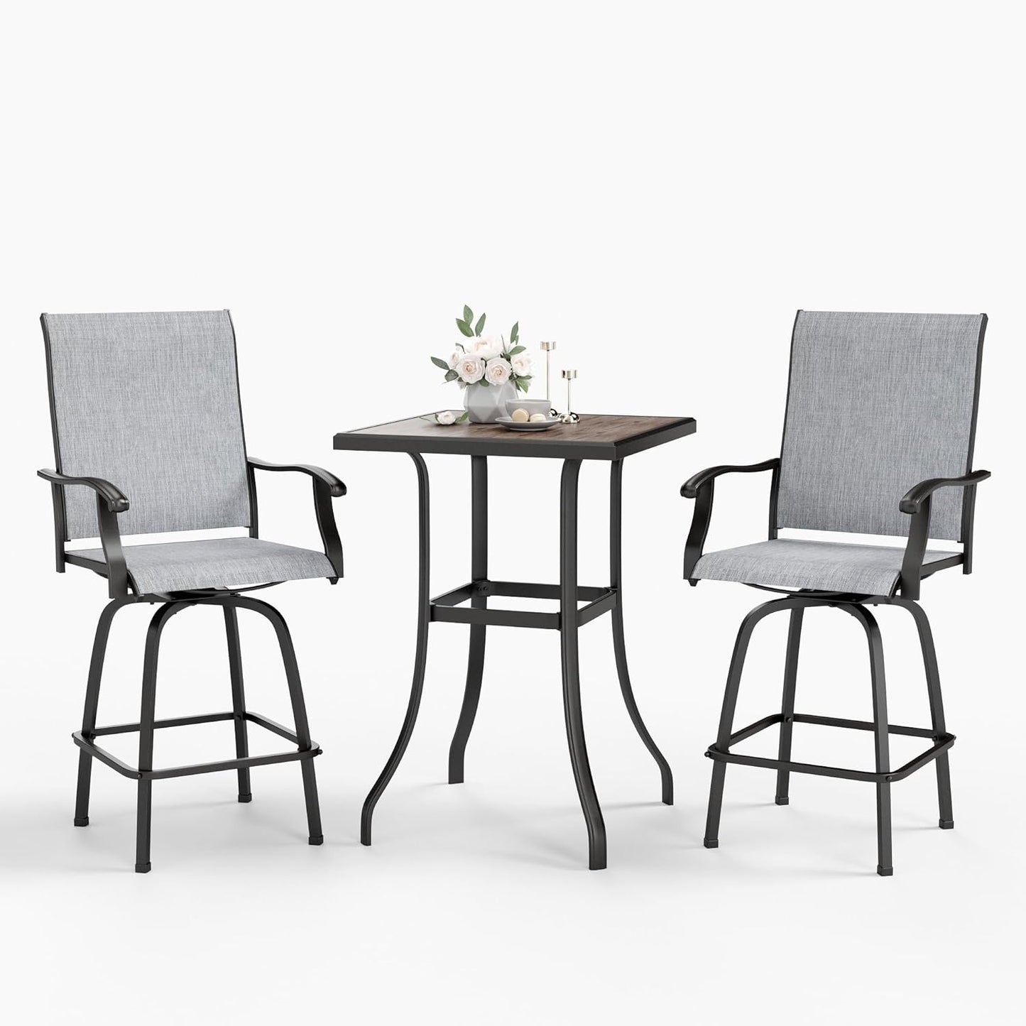 Sophia & William Outdoor Bar Set, Patio Bar Table and Chairs Set, Bar Height Patio Set - 2 x Swivel Bar Chairs(Grey), 1 x Square Bar Table(Wood-Like)