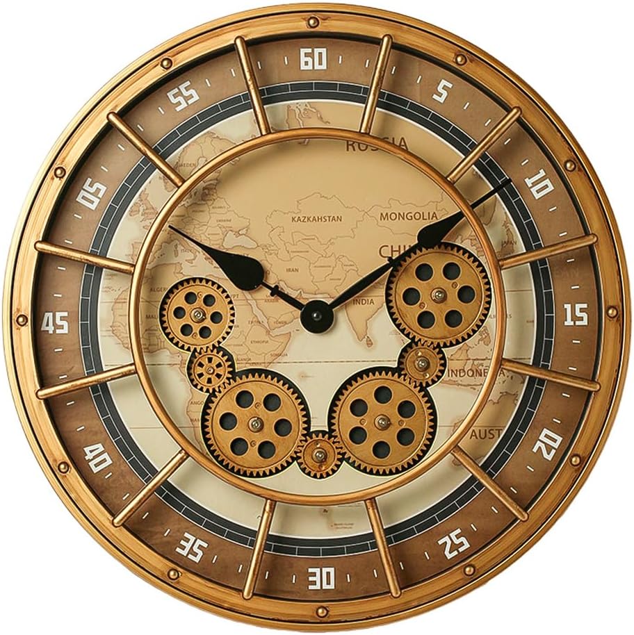 18 Inch Wall Clock with Moving Gears, Oversized Large Industrial Steampunk Decoration, Antique Metal Big Numeral Wall Clocks for Kitchen Study Room Living Room Decor (World Map Classical Gold)