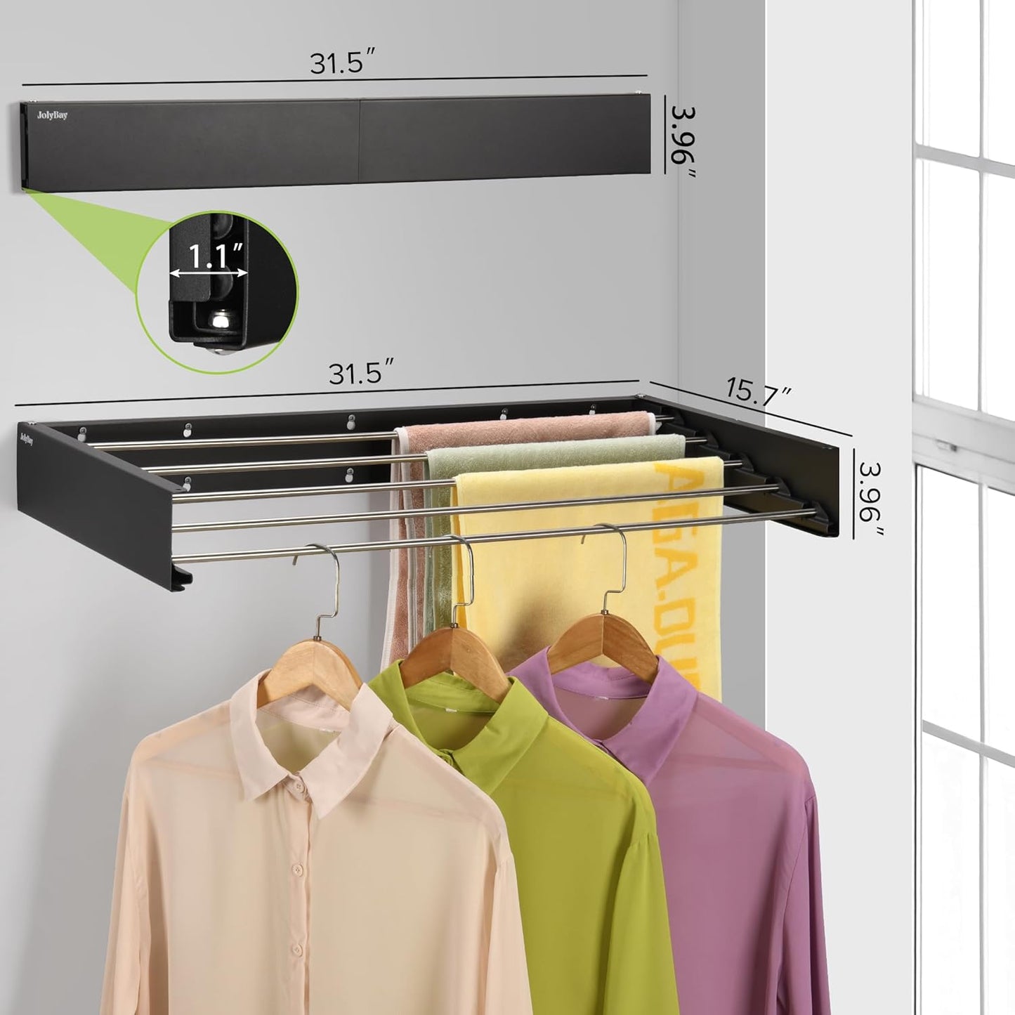 Wall Mounted Laundry Drying Rack, Retractable Clothes Drying Rack for Bathroom with Wall Template, 5 Stainless Rods Heaving 60 lb Capacity (Black, 31.5")