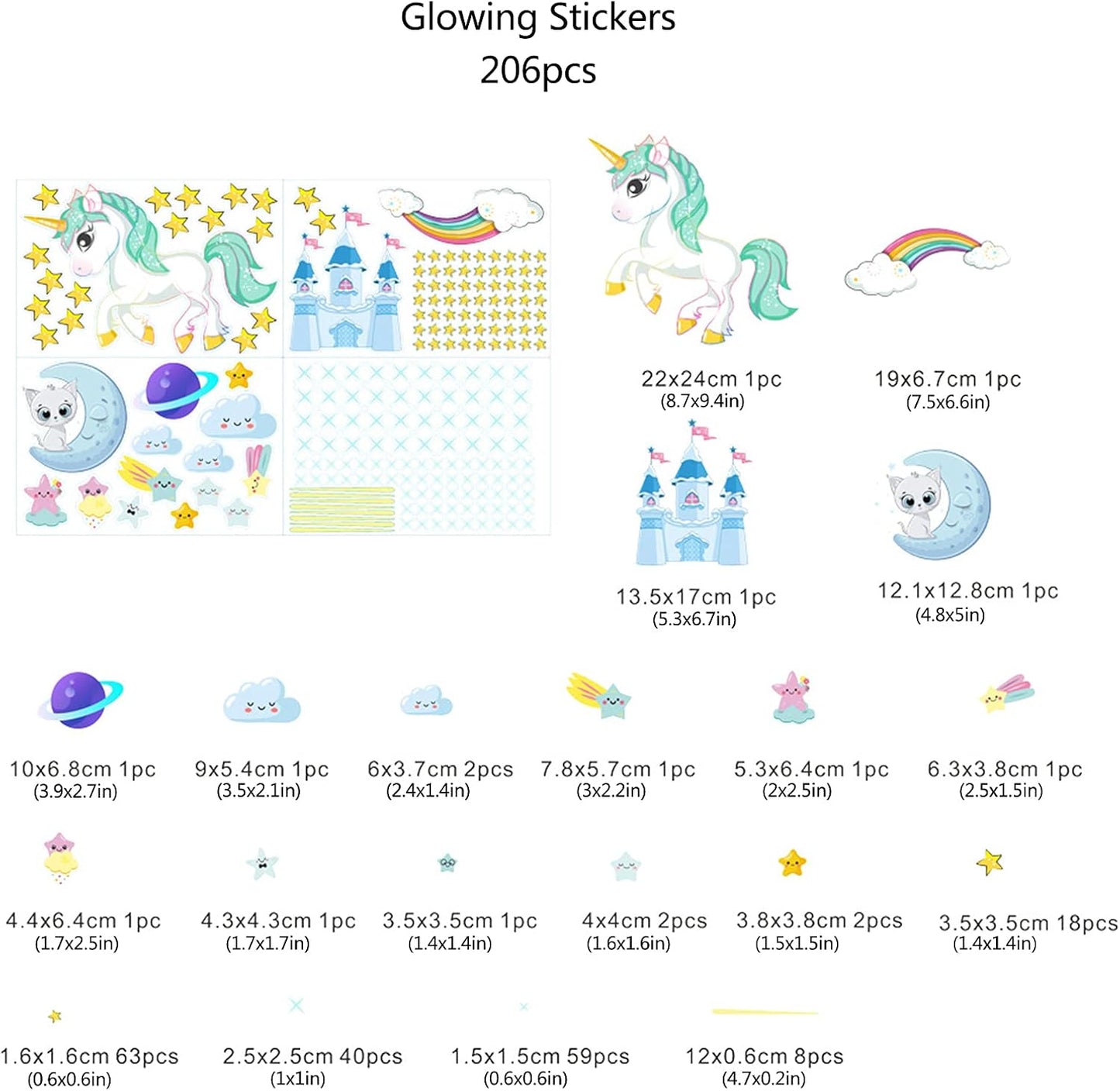 Glow in The Dark Unicorn Stickers, 206 pcs Cats and Moon Wall Decals, Glowing Castle Clouds Ceiling Decor for Kids Bedroom, Stars and Rainbow Wall Decor for Girls and Boys Gift