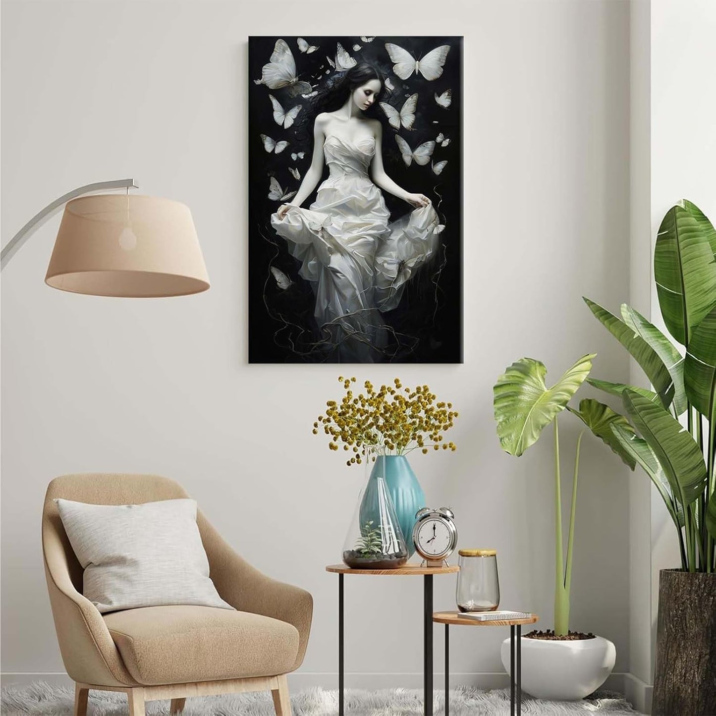 Vintage Gothic Feminine Canvas Wall Art Print Butterfly Poster Moody Preppy Wall Art Dark College Decor for Home Bedroom16x24in Wood Framed