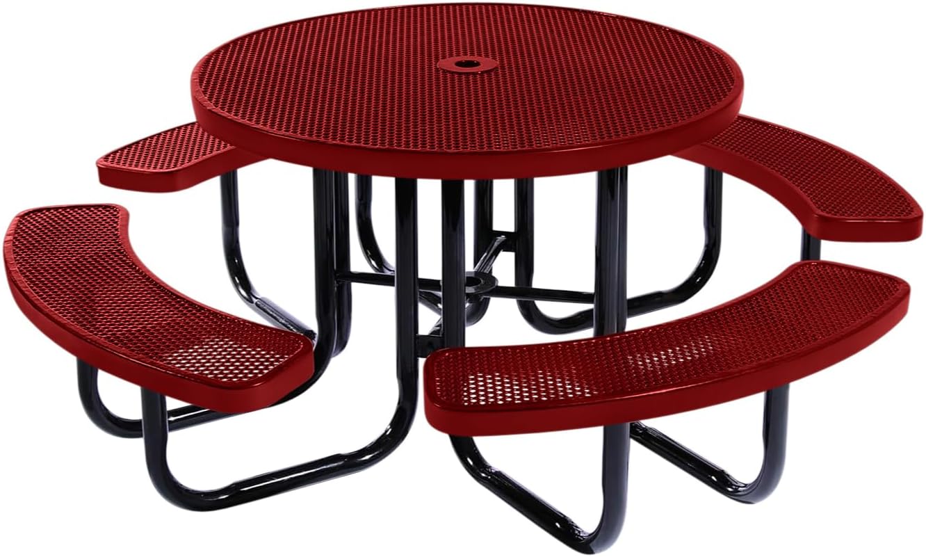 Coated Outdoor Furniture Heavy-Duty Portable Outdoor Picnic Table with Umbrella Hole, Punched Steel Commercial-Grade Patio Dining Furniture Made in America (46" Round Top, Textured Burgundy)