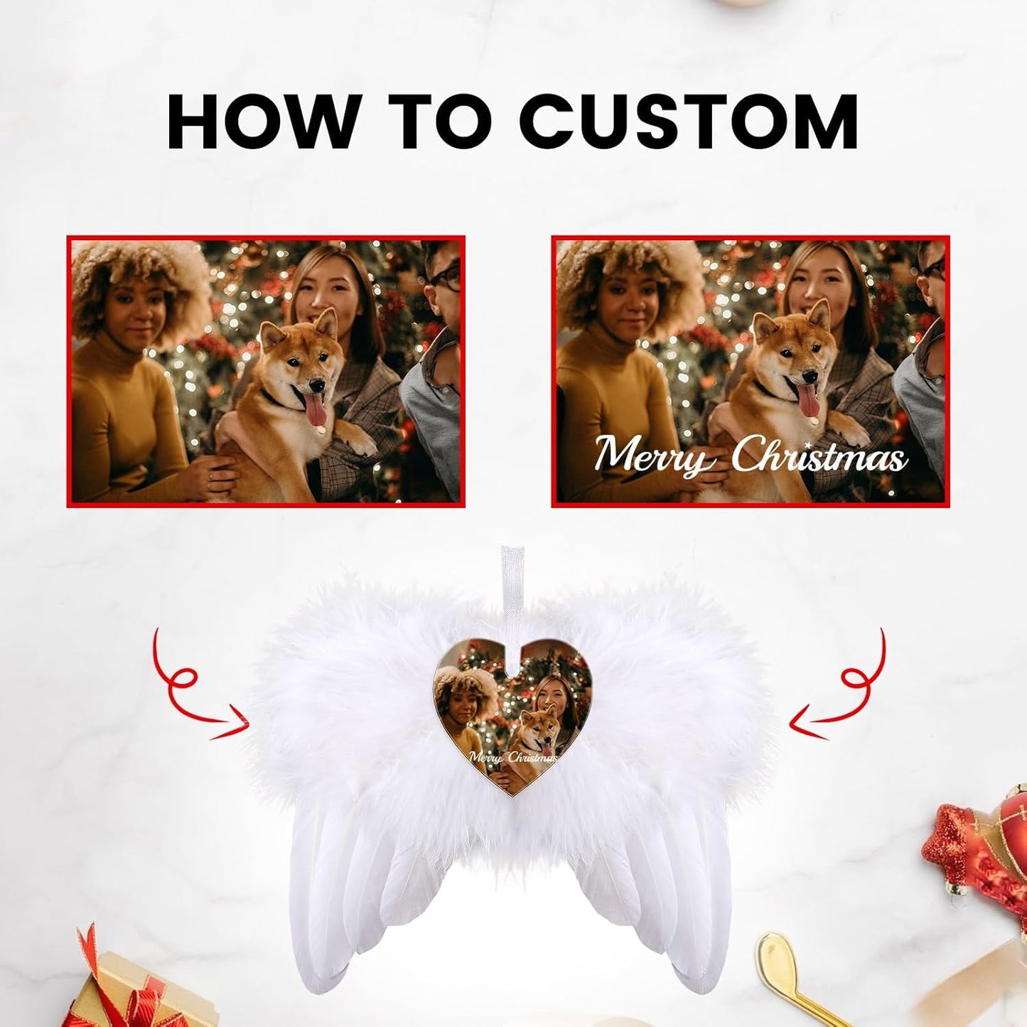 Personalized Christmas Ornaments 2024 Customized with Photo Text Ornament Keepsake Pet First Christmas Ornament Bulk Custom Wooden Xmas Tree Decorations, Wood Heart Wing