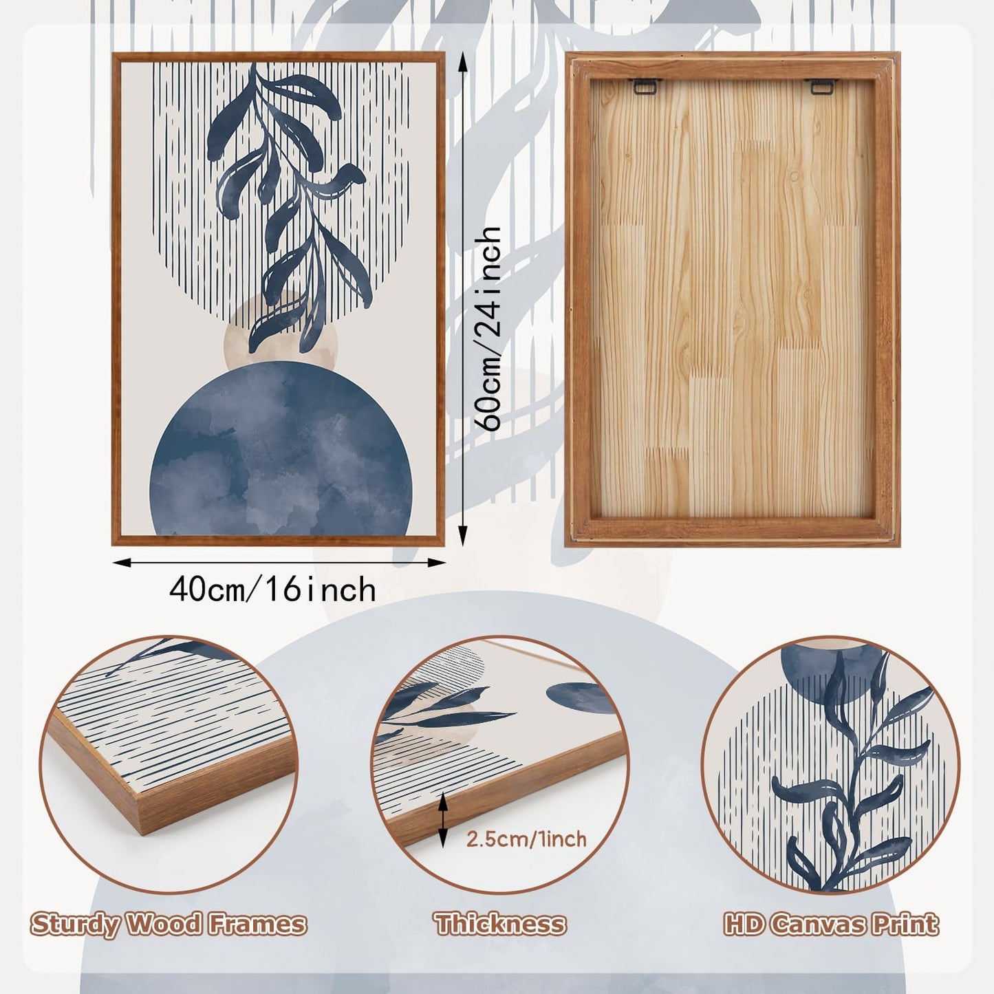 KAIRNE Boho Plant Wall Art Set of 3,Blue Bohemain Framed Canvas,Abstract Geometric Line Wall Painting,Modern Nature Prints,Botanical and Moon Wall Art for Living Room Bedroom Office - 3Pieces,16”X24”