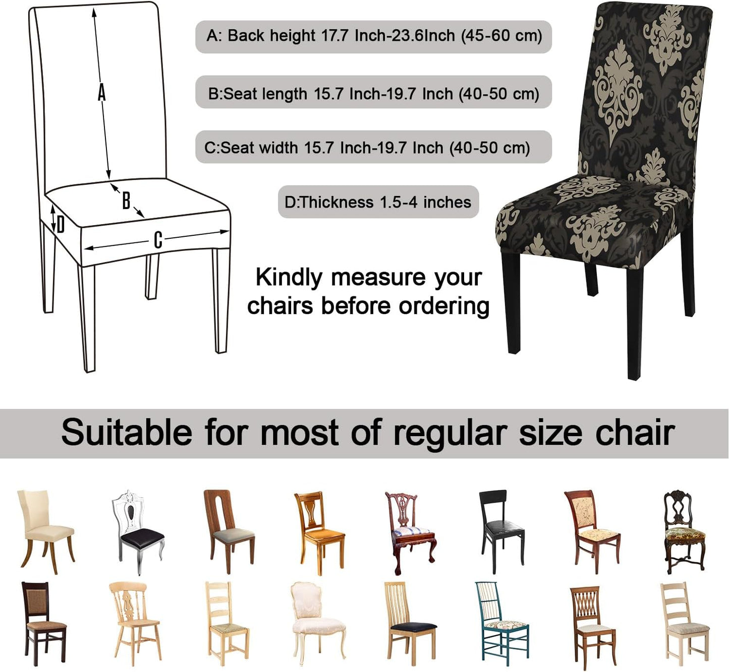 JQinHome Dining Chair Slipcover, High Stretch Removable Washable Chair Seat Protector Cover Set of 6,Chair Covers for Dining Room, Kitchen,Home Party,Wedding Ceremony(Luxe Black, 6PC)