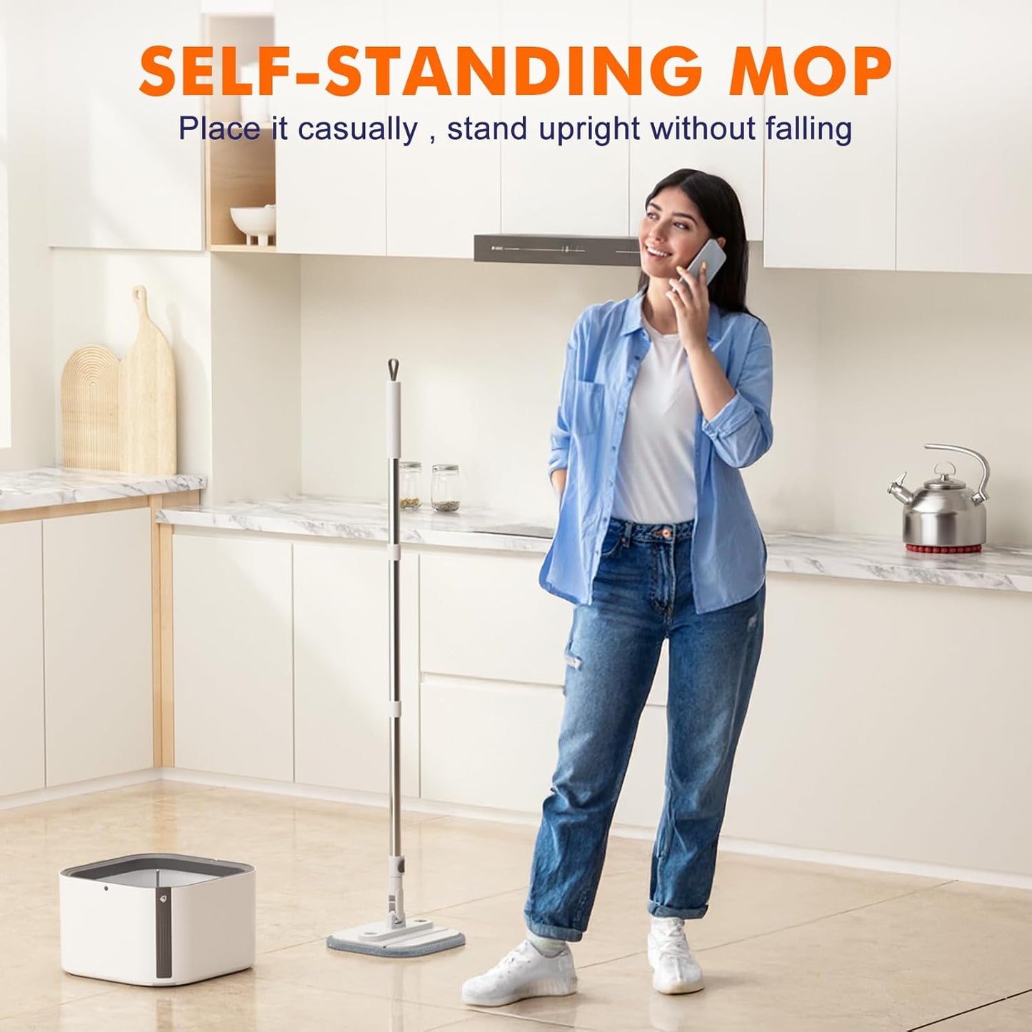 Upgraded Self-Standing Spin Mop and Bucket System, Detachable Inner Mop Bucket That Separates Dirty Water & 90° Foldable Head, Triple-Scrubbing System, for Hardwood Floors - White with 6 Pads