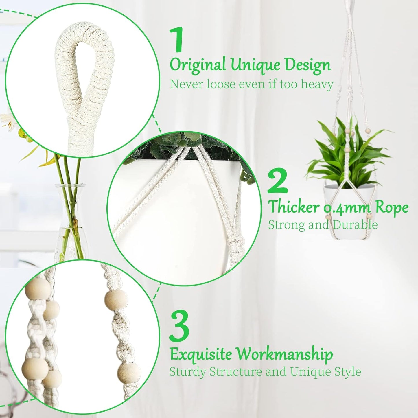 ZMTECH 2 Pack 35 Inch Macrame Plant Hanger (Ivory) Indoor Hanging Planter Basket with Wood Beads Decorative Flower Pot Holder for Indoor Outdoor Boho Home Decor