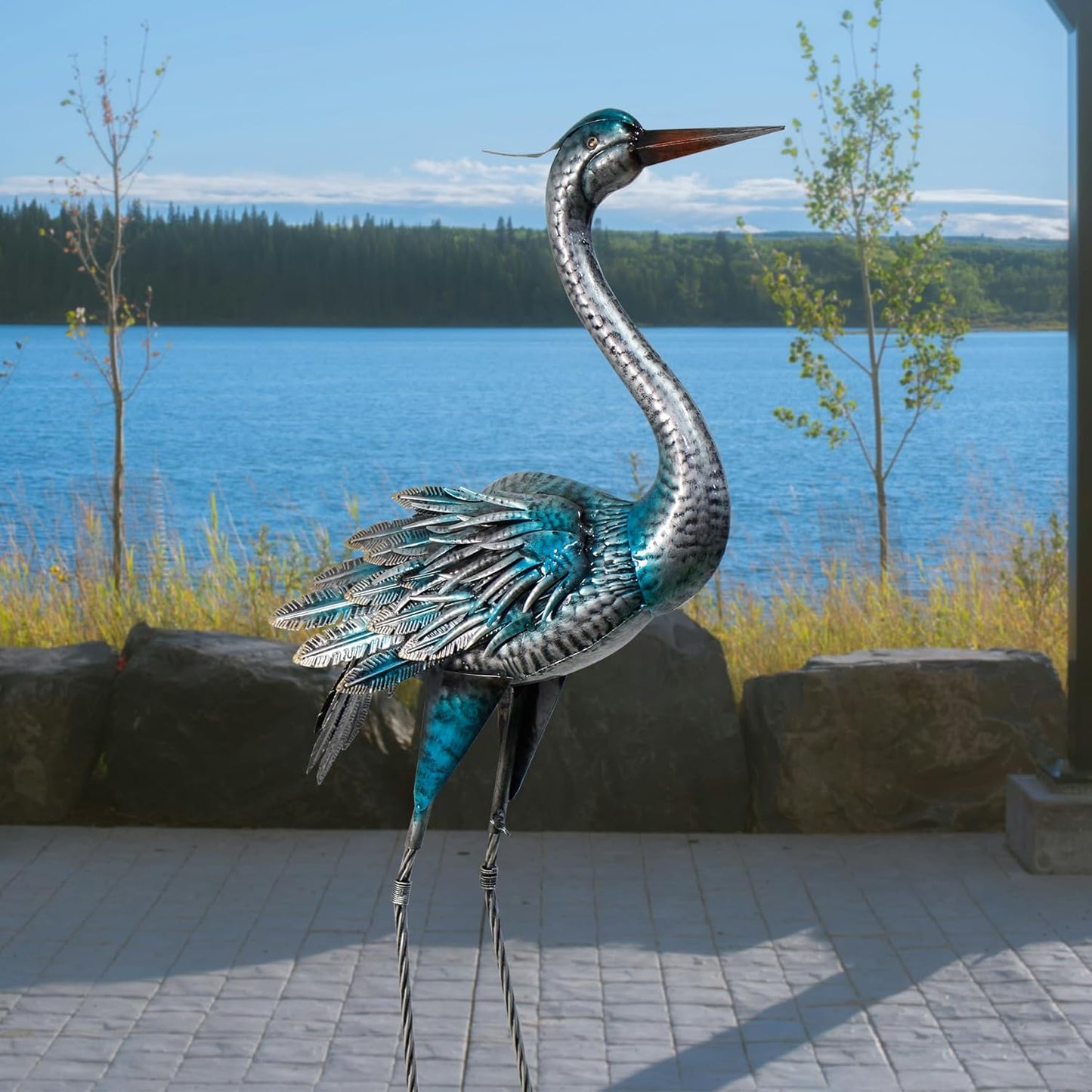 Crane Outdoor Decor Statue, Blue Heron Garden Statue Metal Yard Art Outdoor Decoy, Garden Sculptures & Statues for Yard/Lawn/Pond/Outdoor Decoration, 1Pc
