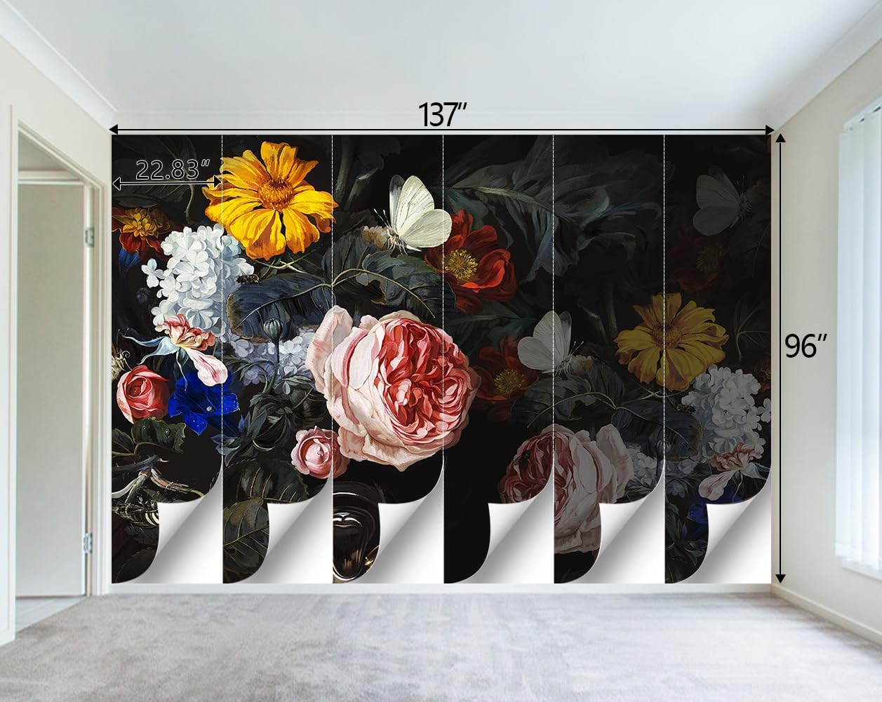 Vintage Black Flowers Mural Bedroom Peony Floral Wallpaper Room Decor Living Room tv Background Large Wall Mural - 137"x96" (Not Peel and Stick)