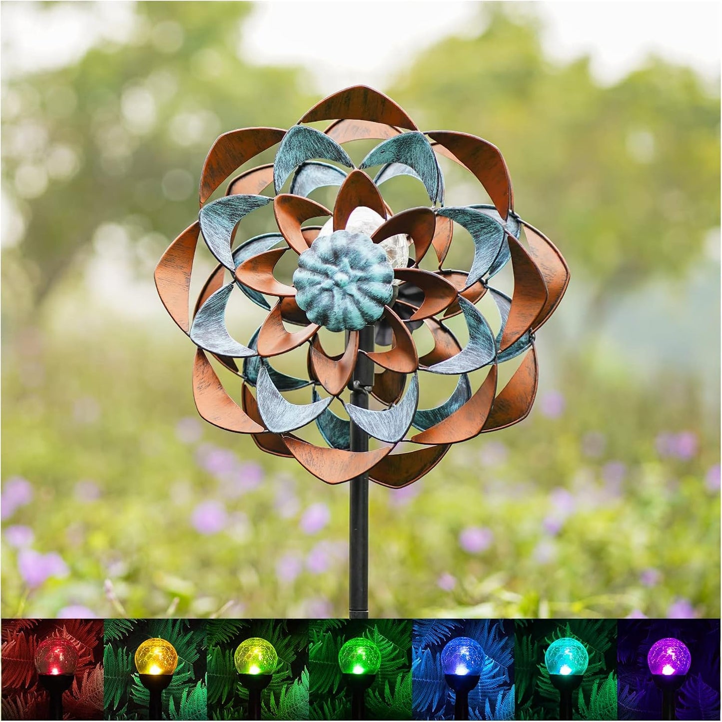 Solar Wind Spinner, Outdoor Metal Wind Spinners with Light, Windmill Decor for Yard Garden, Ideal Gifts for Birthday, Housewarming, Mother's Day, Christmas (13" W x 74" H)
