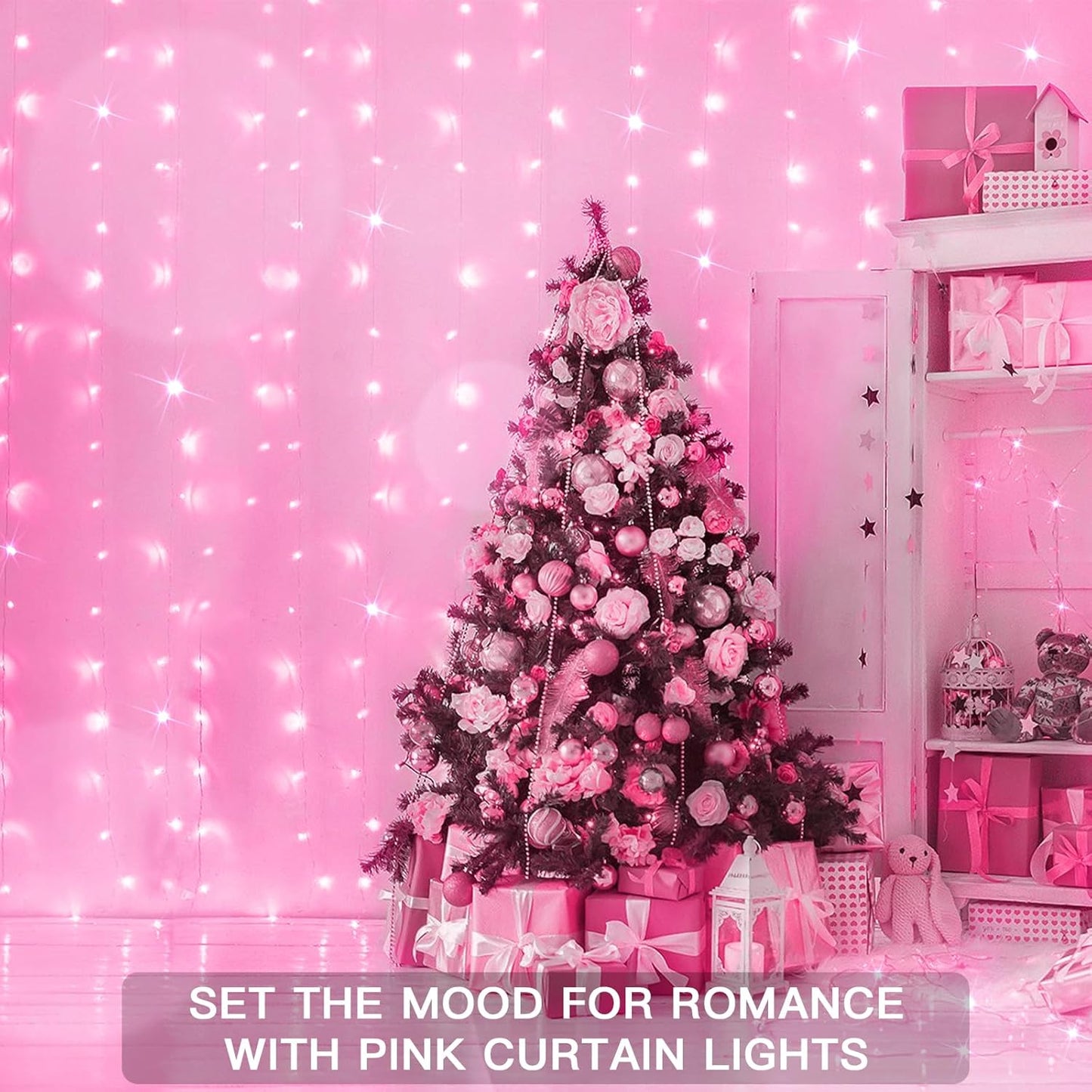 suddus Curtain Lights for Bedroom, 200 Led 6.5ft x 6.5ft Hanging String Lights Outdoor, Fairy Curtain Lights for Backdrop, Window, Wall, Wedding, Party, Garden, Porch, Birthday Decorations Pink