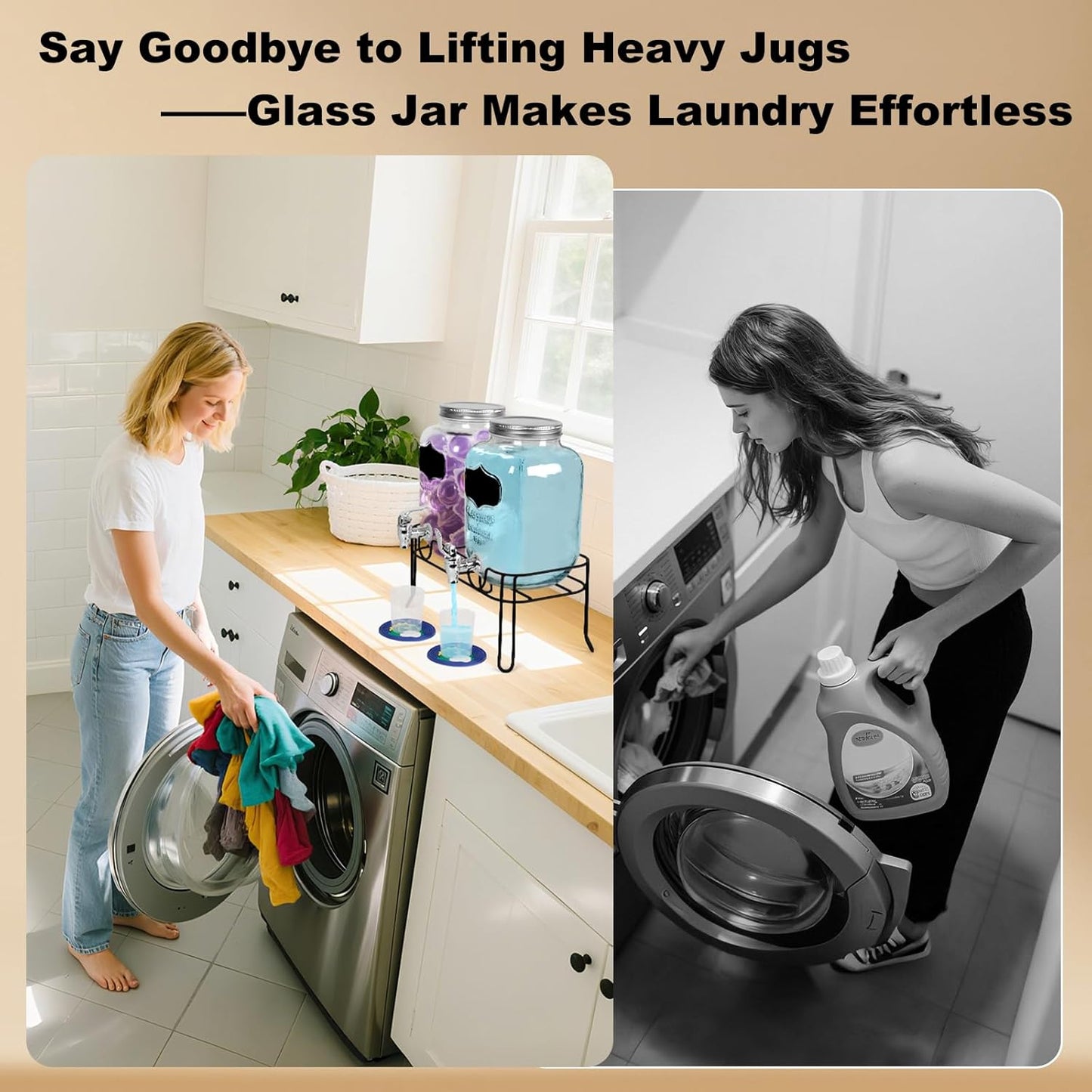 2-Pack 1 Gallon Glass Laundry Detergent Dispenser Set with Bamboo Lids and Stand - Liquid Soap and Fabric Softener Dispensers with Spigots, Cups, Labels and Mats, Laundry Room Organization and Storage