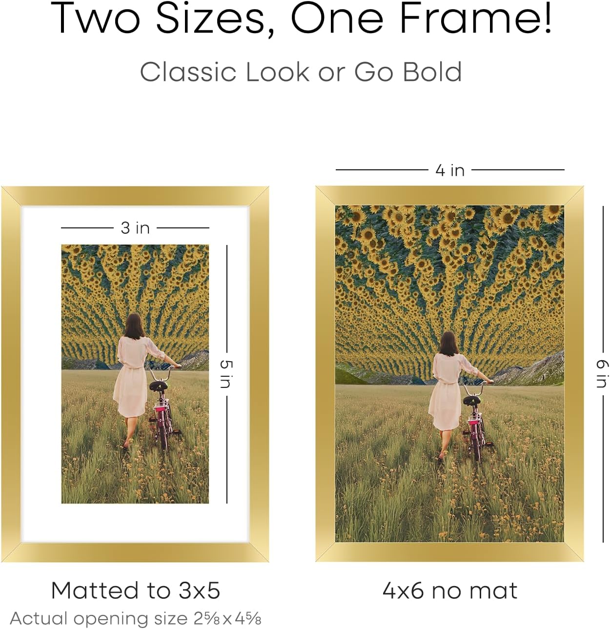 Homeforia 4x6 Picture Frame Gold, High End Metal 4 x 6 Gold Frames with Mat 3 x 5 for Print, 4by6 Desk Frame Matted to 3x5 inch Photo, 4 by 6 Wall or Tabletop Frame, Tempered Glass, Wall Kit, Set of 1