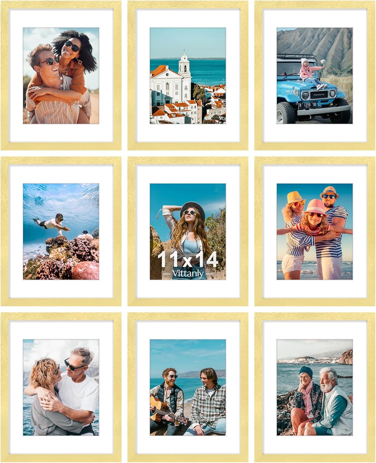 Vittanly 11x14 Picture Frames Set of 9, Shatter Resistant Plexiglass, Display 8x10 Pictures with Mat or 11x14 without Mat, Photo Frames for Wall or Tabletop, Engineered Wood, Gold