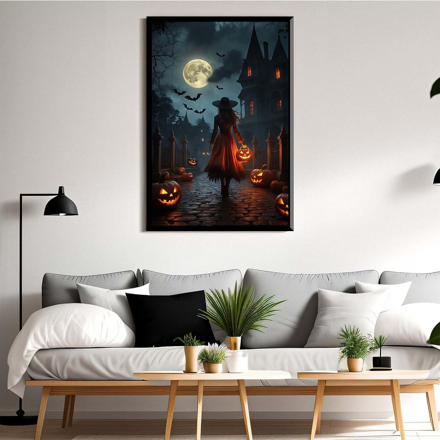 JFHCQJPK Halloween theme poster moonlit autumn night witch vintage poster art print dark college style gothic painting canvas wall decoration bedroom living room ideal gift16x24in Metal blackFramed