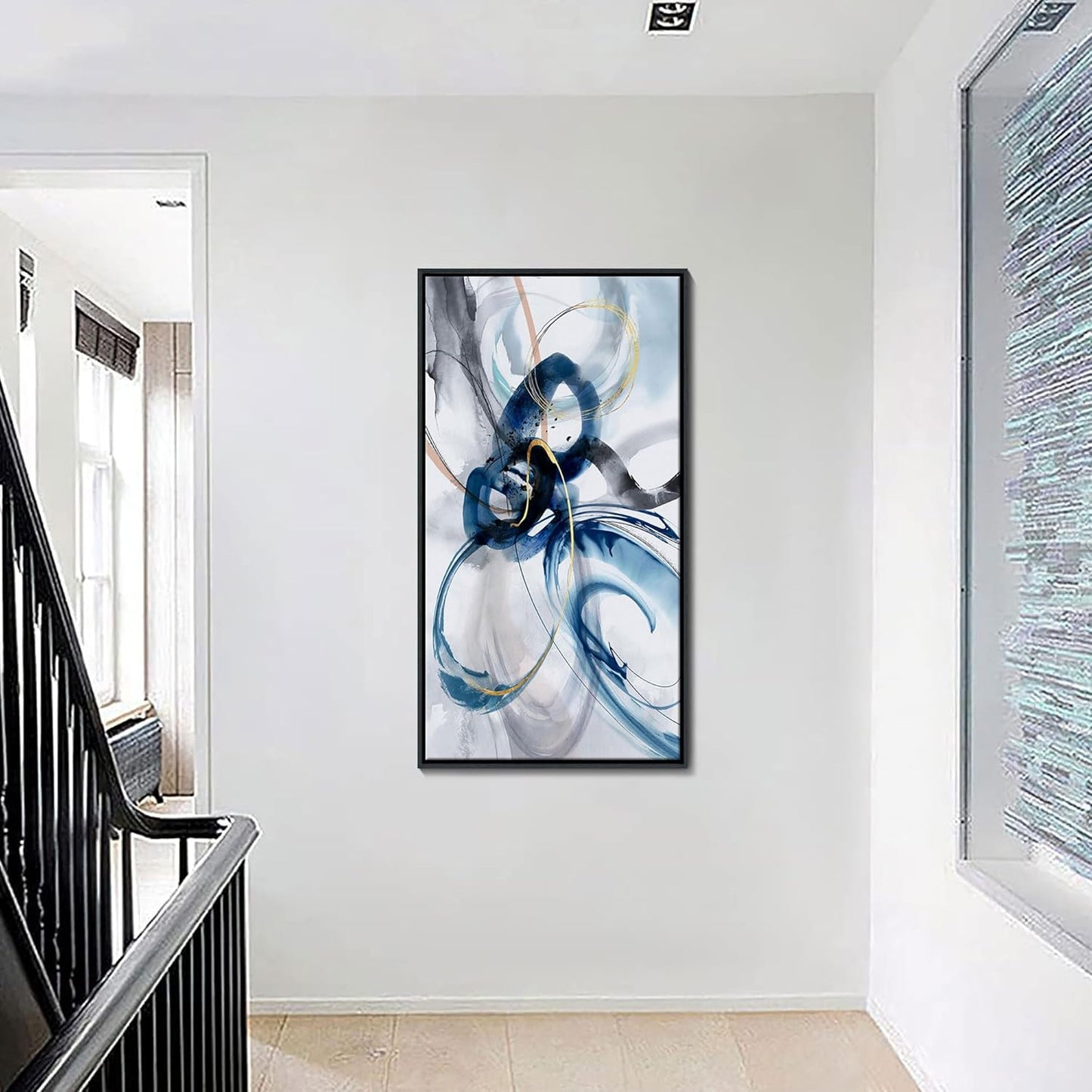 KLAKLA Large Wall Art for Living Room - Abstract Wall Decor Framed Picture Artwork for Wall Decorative Paintings Blue and White Modern Office Bedroom Art