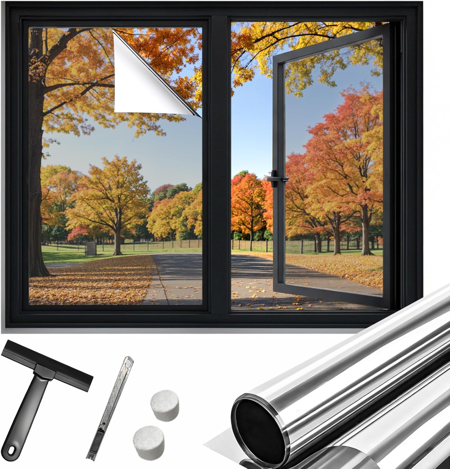 DUOFIRE One Way Window Film Privacy See Out Not in Heat Blocker Window Tint Reflective Mirror Windows Tinting Film for Home Static Cling Anti-UV Sun Blocking Windows Covering（Silver, 45.2x78.7in）