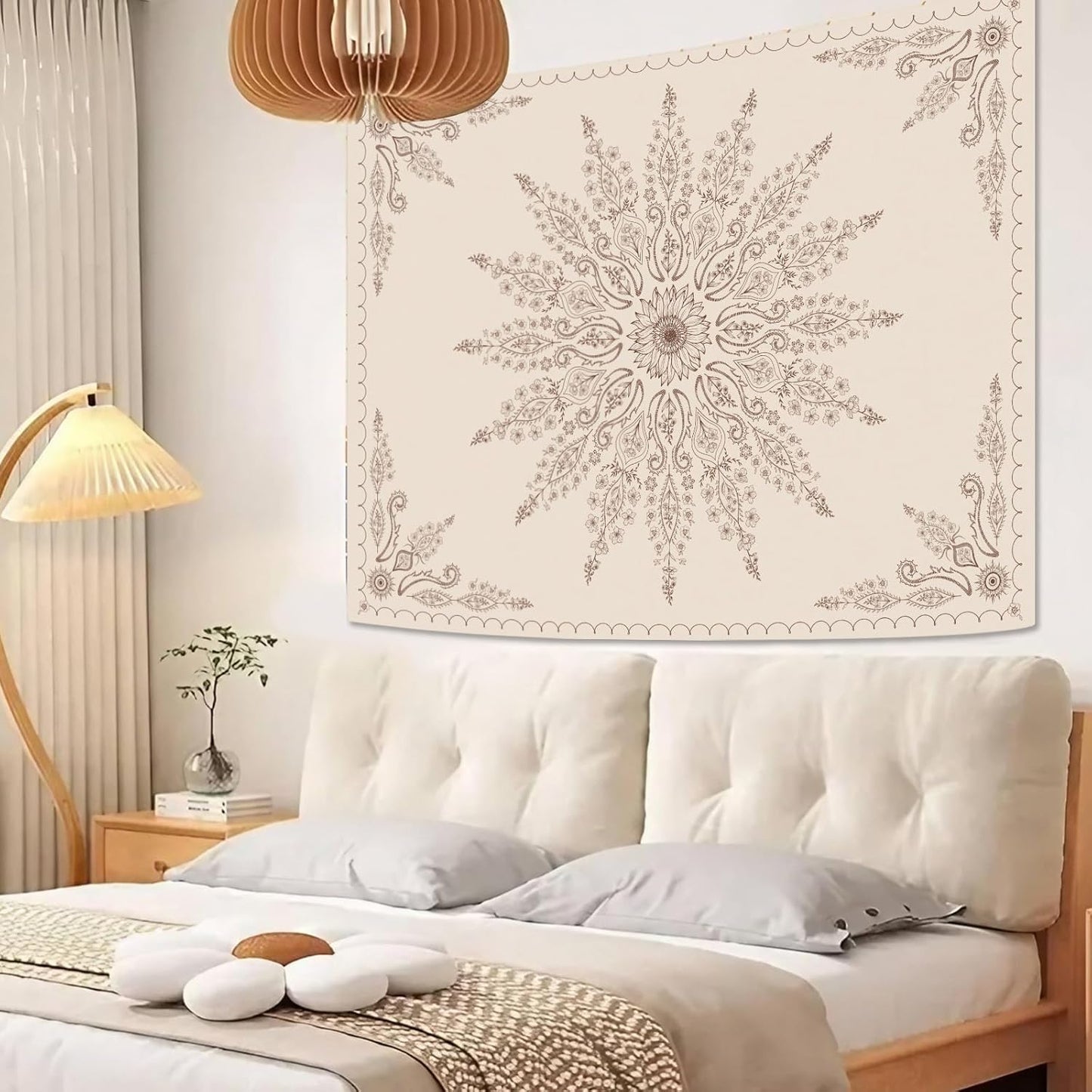 Fowocu Boho Floral Mandala Tapestry for Bedroom Aesthetic Bohemian Flower Wall Tapestry Beige Hippie Indian Small Tapestries Wall Hanging for Living Room Dorm Decor 60 x 44 Inch