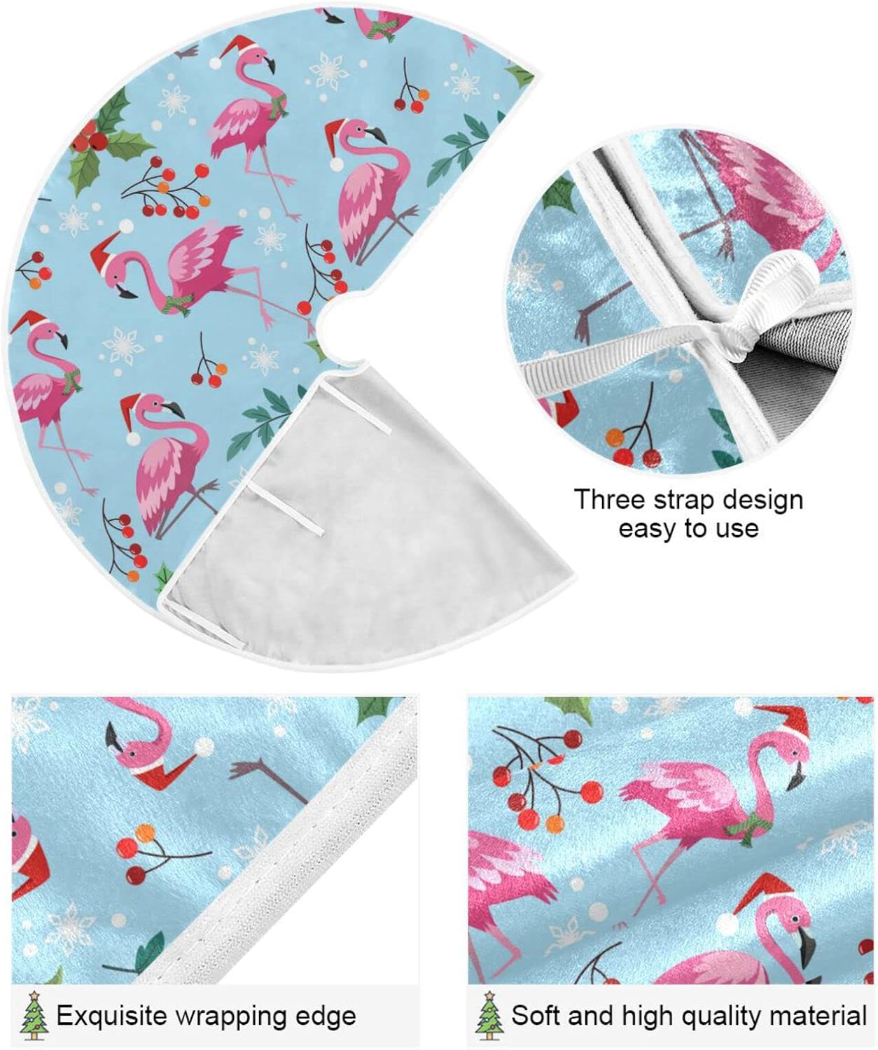 Christmas Flamingo Snowflake Tree Skirt, Seasonal Tree Mat Holiday Party Supplies Ornaments Indoor Outdoor Decorations for Tabletop Trees 47.2 Inches