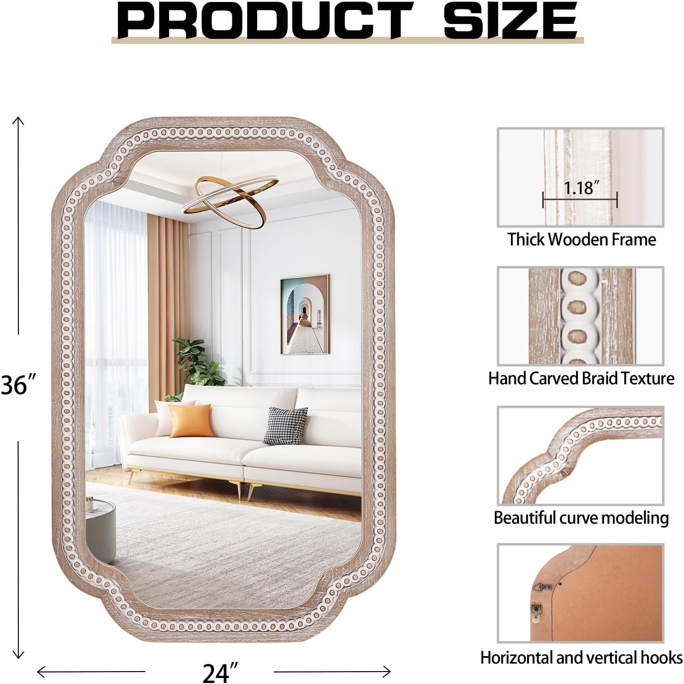 36x24'' Boho Decorative Wall Mirrors with Beaded, Wooden Scalloped Bathroom Mirrors for Over Sink, Farmhouse Style for Bedroom, Living Room, Entryway - Vertical/Horizontal Hanging