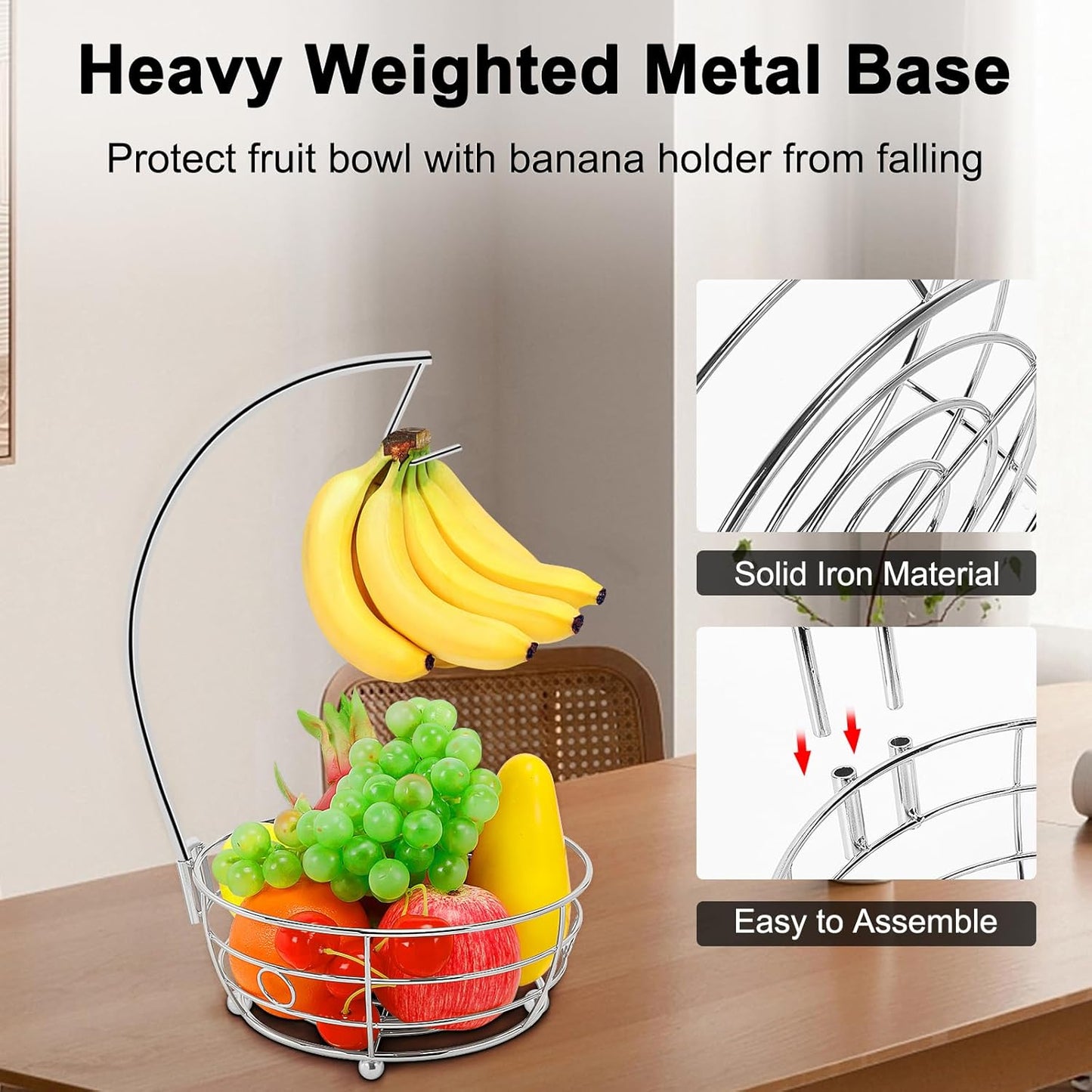 Livabber Countertop Fruit Basket Bowl with Banana Hanger, Modern Standing Fruit Vegetable Bowl Storage, with Banana Tree Holder for Kitchen Dinning Table (Round Metal, Chrome)