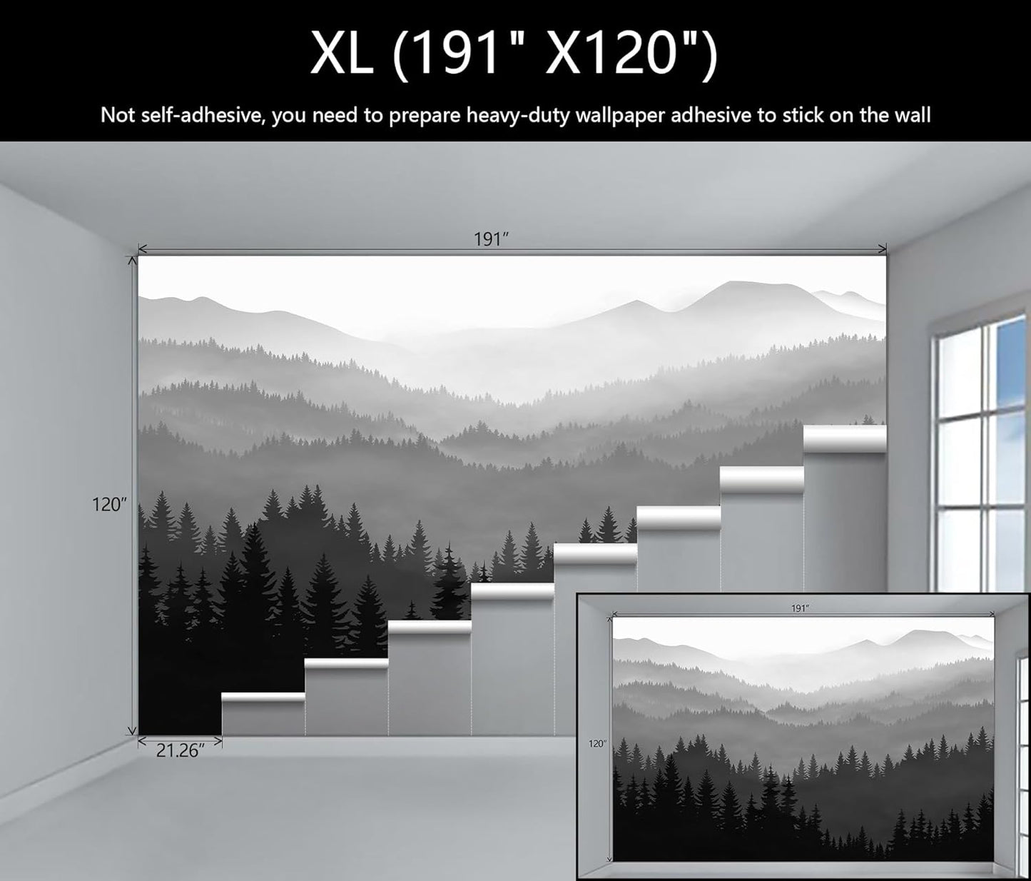 WFBHUA-Black and White Forest Mountain Wallpaper Gray Woodland Nature Landscape Wall Paper Mural for Bedroom Living Room(Not Peel and Stick)