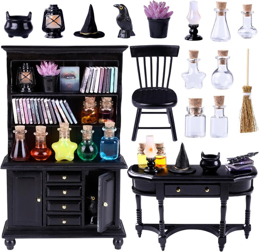56 Pcs Halloween Miniatures Decorations 1:12 Scale Magic House Accessories Mini Wooden Bookshelf Furniture Set Tiny Sorcery Bottles Books Desk Chair Witch Hat Dollhouse Decor