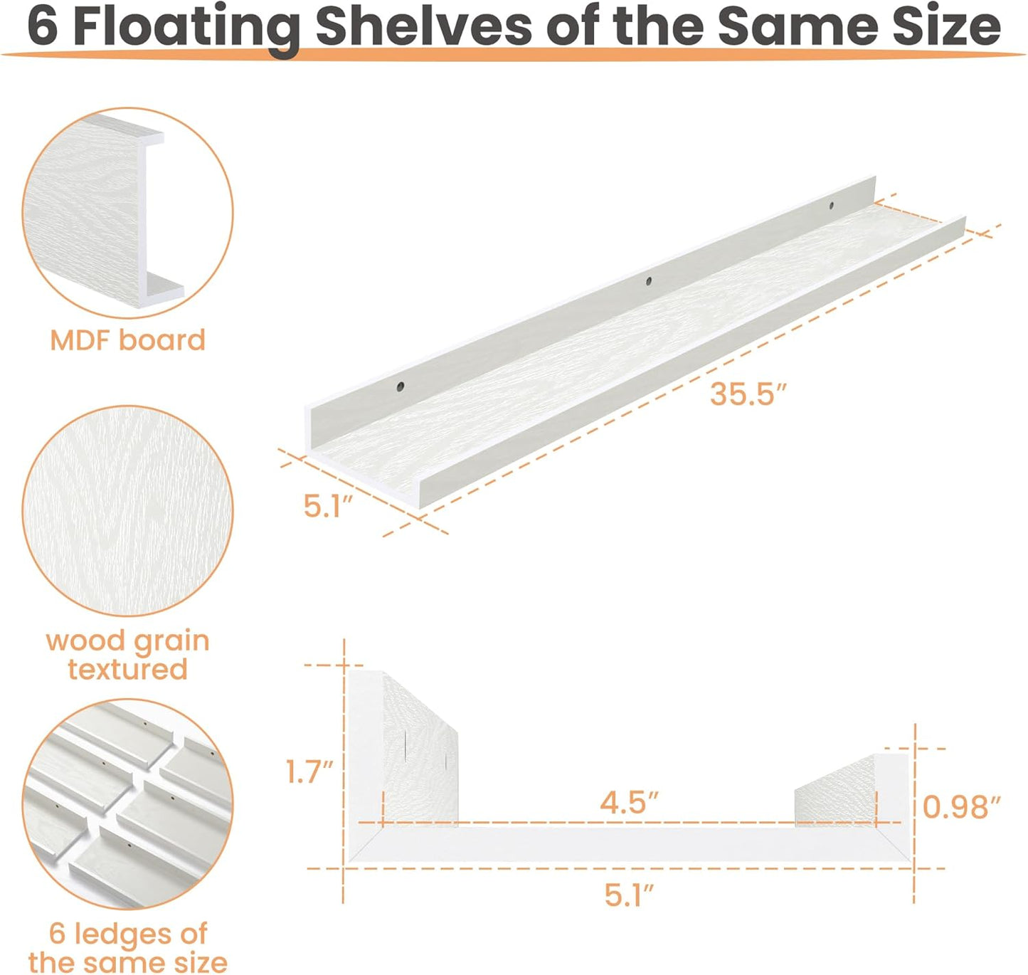 upsimples Floating Shelves for Wall, Wall Shelves for Decor Storage Set of 6, Wall Mounted Wood Shelf for Bedroom, Living Room, Bathroom, Kitchen, 35.5 inch Long Picture Ledge Shelf, White