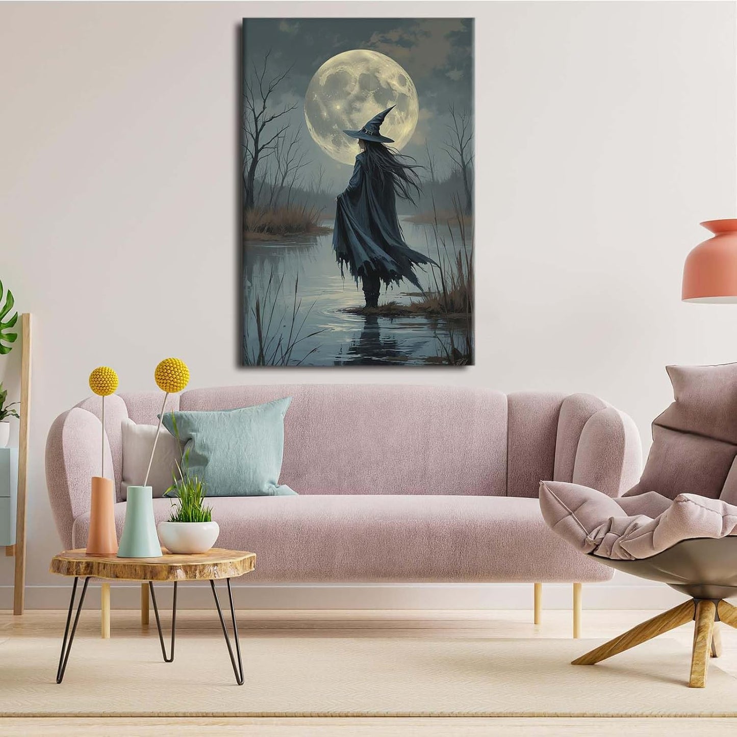 JFHCQJPK Witch in the moonlight magic canvas wall art enchanting Halloween home decor swamp witch silhouette oil painting mysterious gothic aesthetic wall decor print poster8x12in Frameless