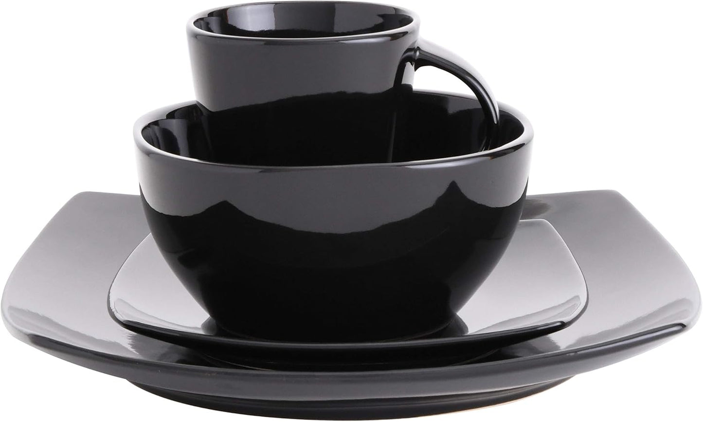 Gibson Elite Soho Lounge Square Reactive Glaze Stoneware Dinnerware Set, Service for 4 (16pc), Black