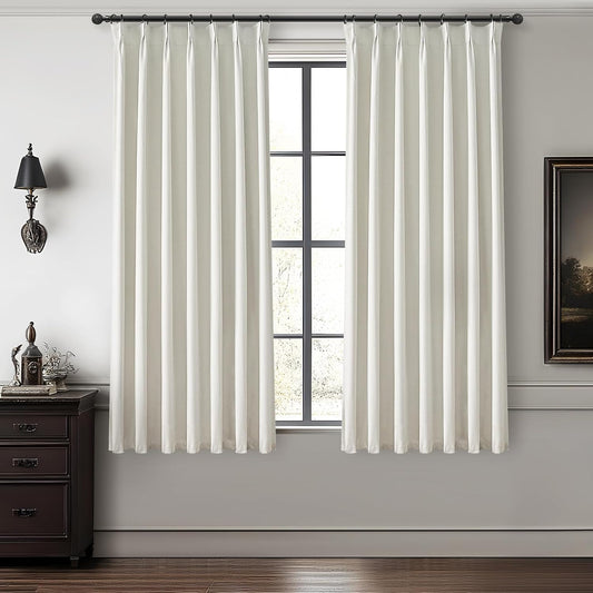 Beige White Pinch Pleated Linen Mini Curtains for Small Window 2 Panels Set, Pretty 100% Blackout Curtains 45 Inches Long Hooks Rings Back Tab for Kitchen Windows Insulated Privacy Drapes