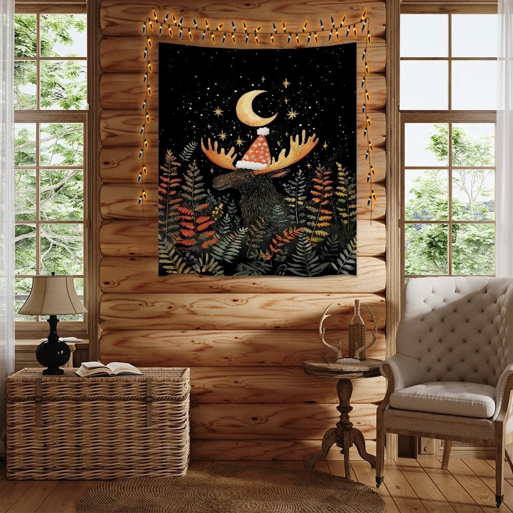 Cute Moose Tapestry Winter Christmas Aesthetic Wall Hanging Decor Funny Animal Lover Gift Whimsical Christmas Tapestries for Nursery Kids Bedroom Home Living Room Decoration 30x40inch