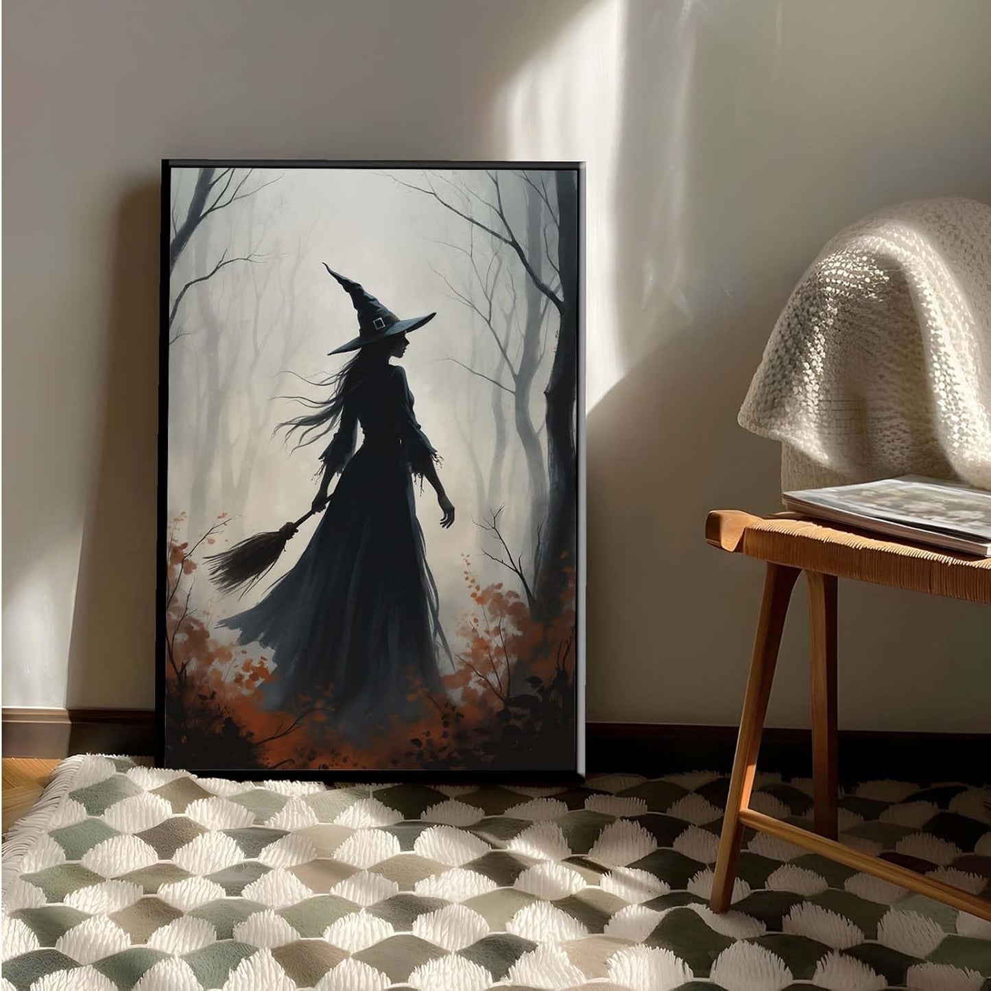 JFHCQJPK Vintage forest witch silhouette poster Halloween mural poster decoration mural art magic suitable for home living room bedroom8x12in Metal blackFramed