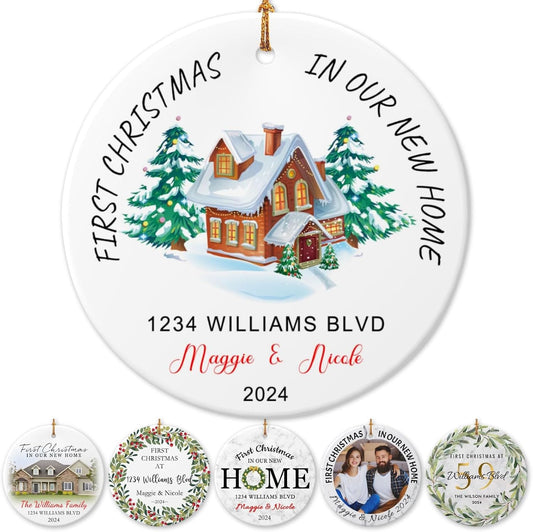 Personalized New Home Ornament 2025 w/Name & Address, Custom First Christmas in Our New Home Ornaments,Double-Sided Ceramic Customized New House Xmas Ornaments