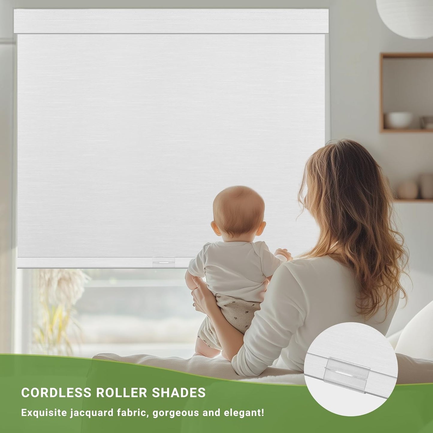 Blackout Roller Shades for Indoor Windows, Cordless Jacquard Fabric-Matched Roller Blinds, Easy to Install Privacy UV Protection Roll Up Blinds for Home Office, Pure White, Custom Size