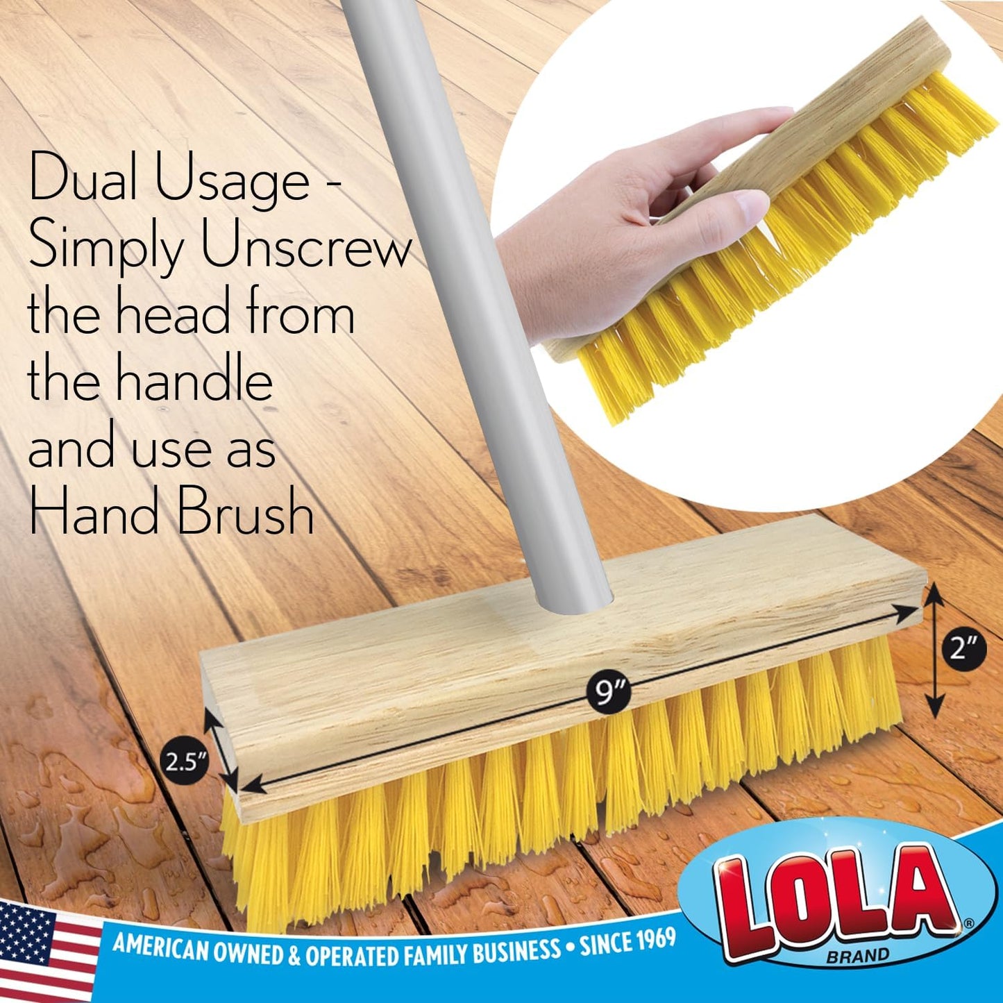 Lola Products Deck Scrub Brush Broom, 9" x 3.5" Wide, Durable Bristles Remove Dirt, Grime, Grout, Leaves, Snow on Patios, Decks, Wet or Dry, 9 Count