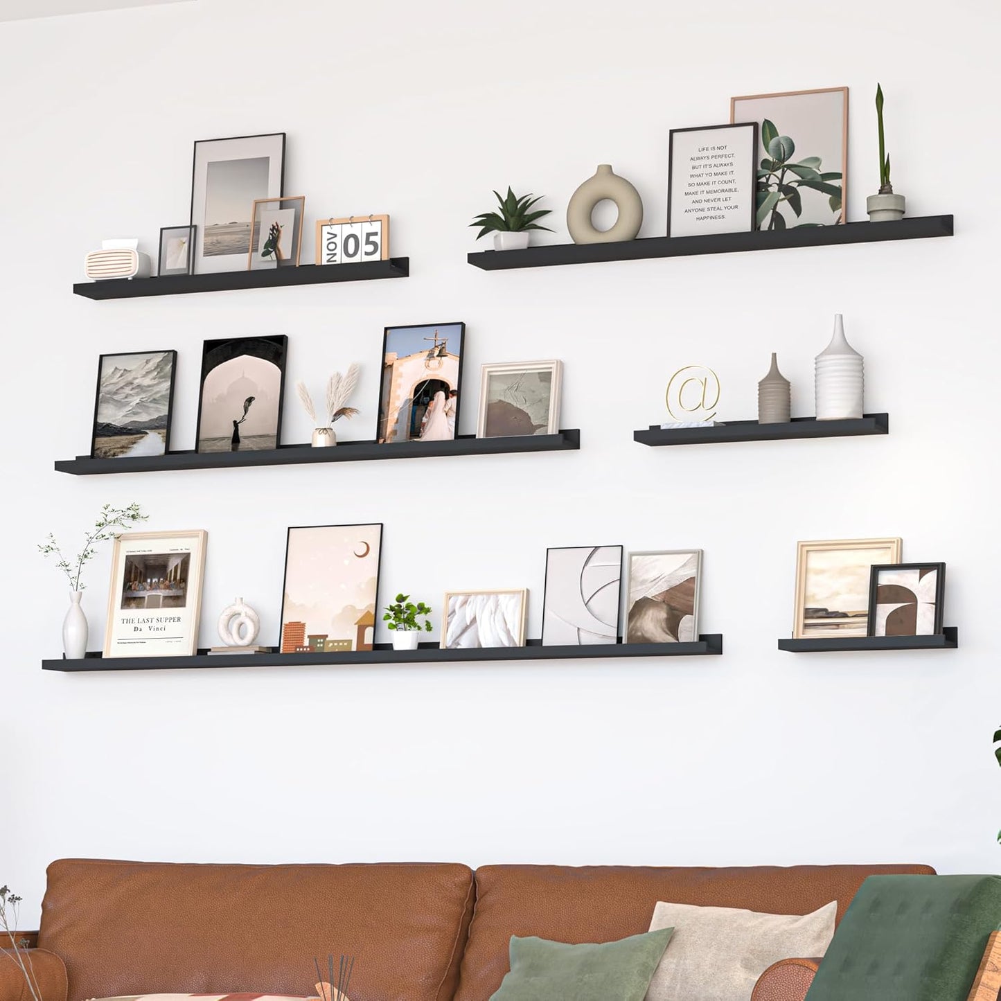 Heimlove Picture Ledge Shelf, Floating Shelves Set of 2, 72 Inches Long Large Picture Shelf for Wall with Ledge, Kids Bookshelf Wall Mounted for Living Room Bedroom Decor Books Photo Frames, Black