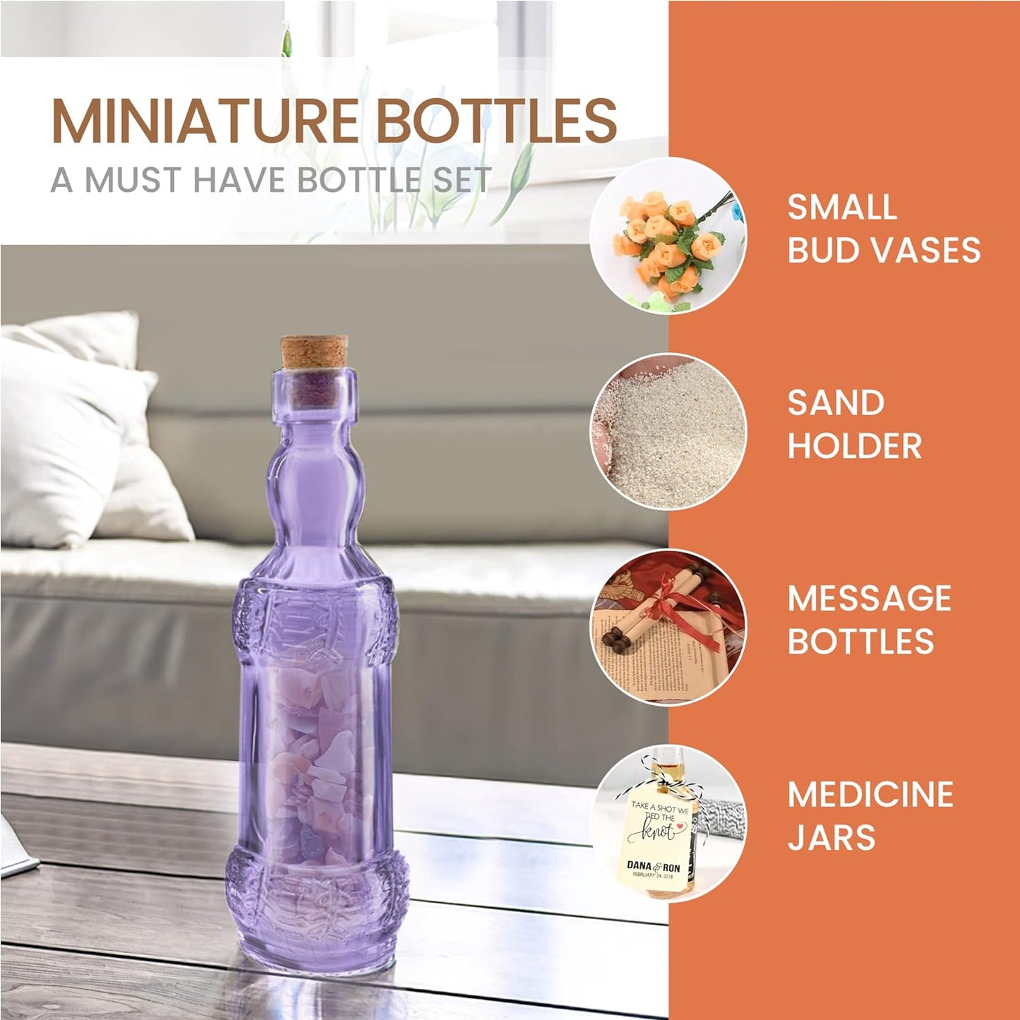 Small Mini Purple Vintage Glass Bottles with Corks, Mini Vases, Decorative Glass Bottle, Potion Bottles, Assorted Design Set of 12 pcs, 4.6 Inch Tall (11.43cm), 1.4 Inch Wide (3.56cm)