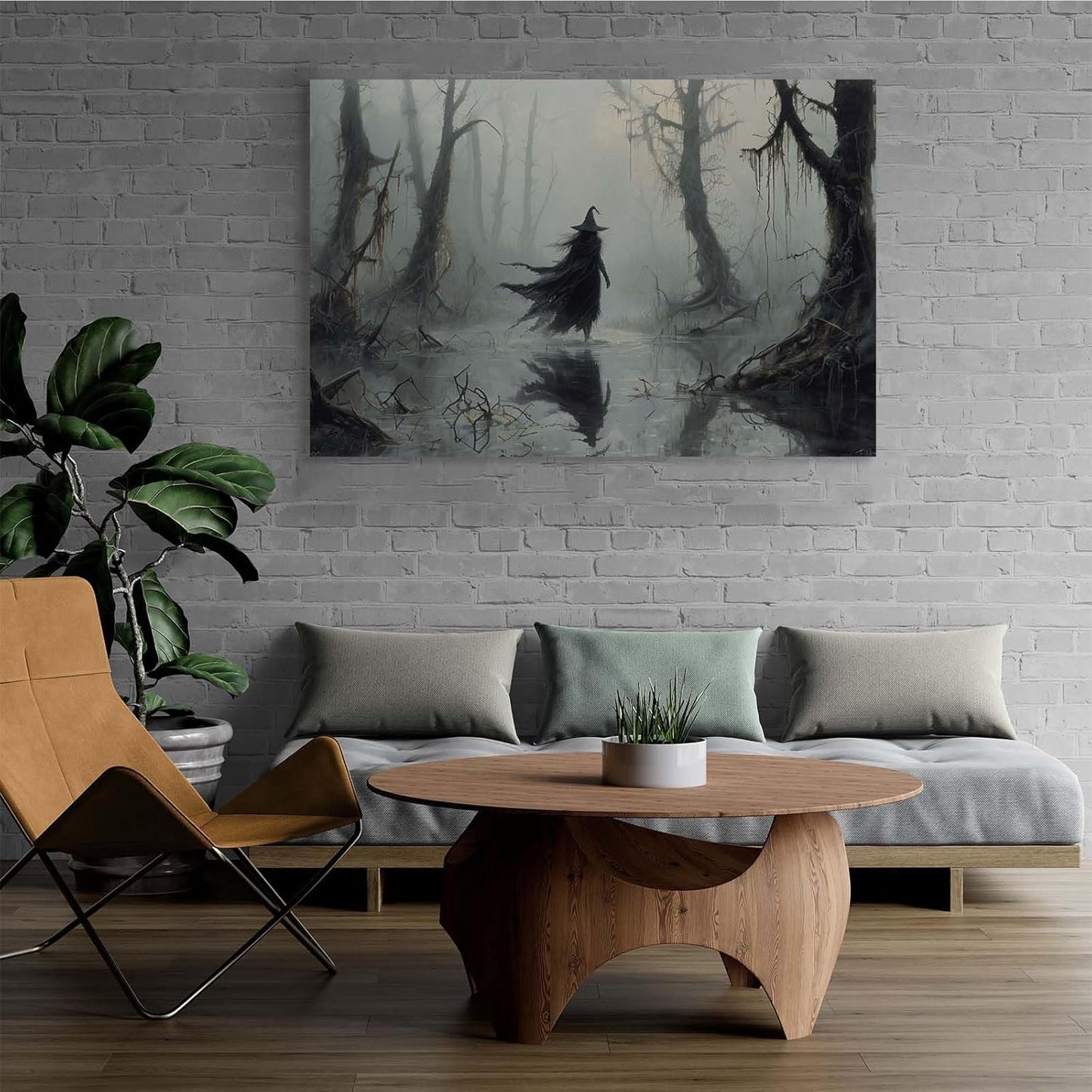 Vintage rustic swamp witch poster dark moody wall art gothic horror season halloween print for home decor retro dark moody painting24x36in Wood Framed