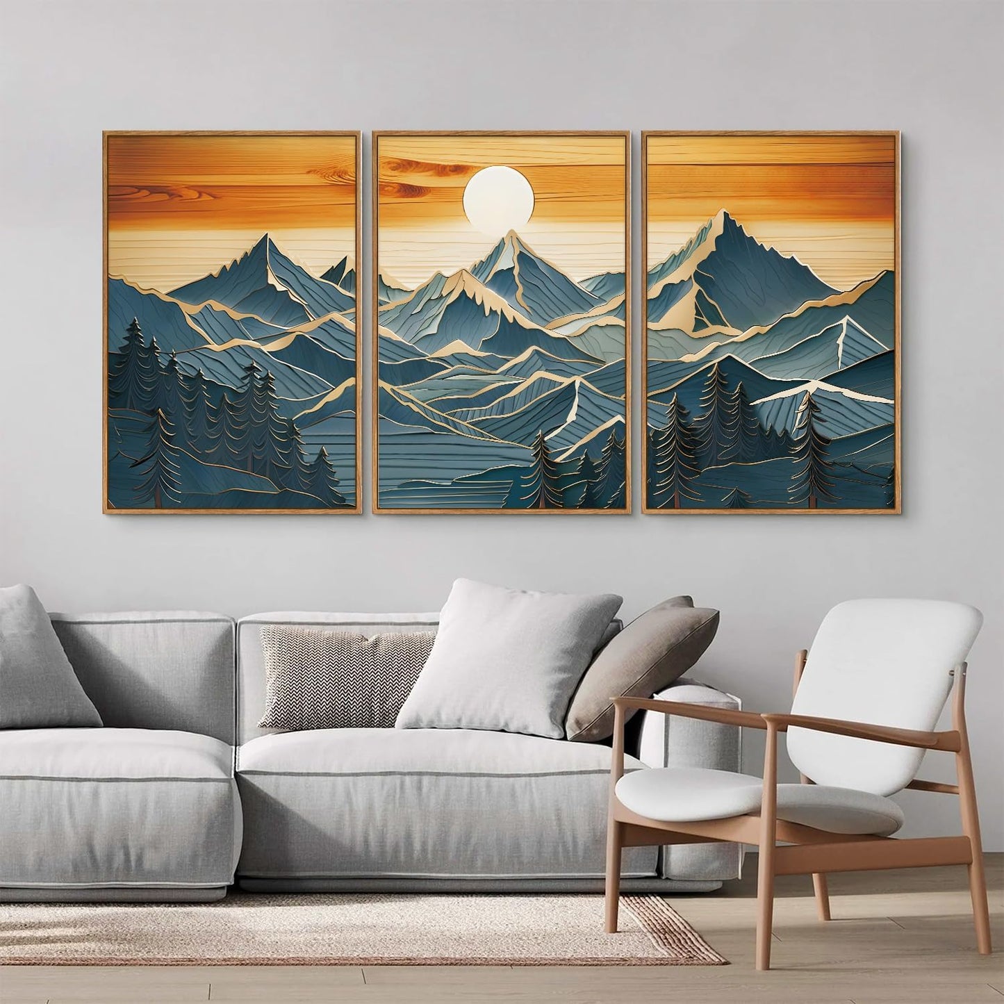 Tinonedraw Metal Mountain Framed Canvas Wall Art, Boho Mountains Artworks, Mid Century Modern Blue Ridge Wall Decor, Vintage Nature Forest Sunset Art Print for Living Room Bedroom Office 24"x36"x3